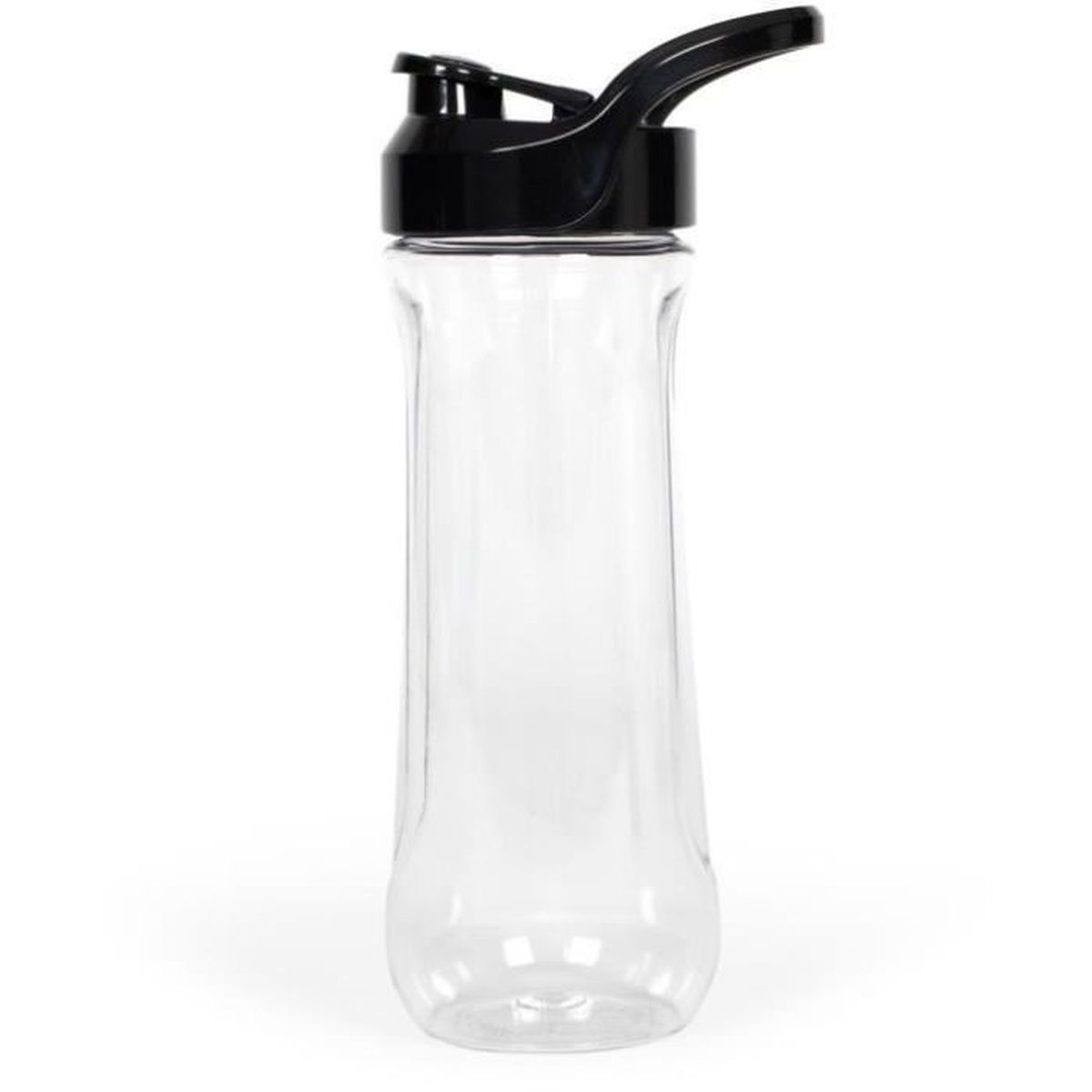 Eine durchsichtige Plastikwasserflasche mit schwarzem Deckel und Griff. Die Flasche ist leer und steht vor weißem Hintergrund.