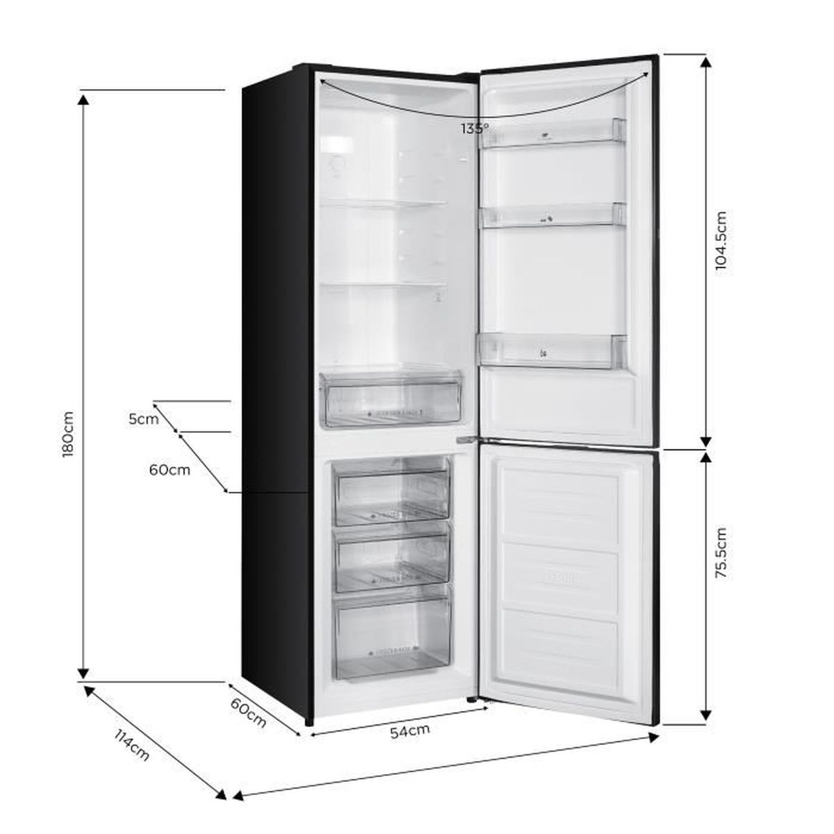 Ein schwarzer Kühlschrank mit offenen Türen. Abmessungen sind angegeben. Der Kühlschrank hat Regale und Schubladen mit einem Gefrierfach unten.