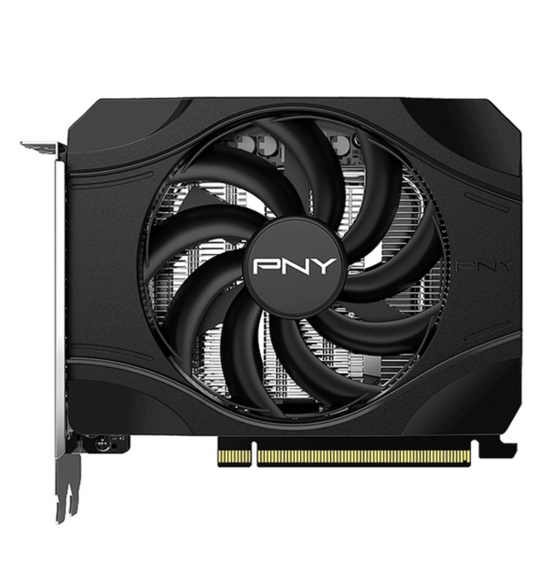 Una tarjeta gráfica PNY negra con un ventilador con el logotipo PNY. La tarjeta tiene un conector dorado y está sobre fondo blanco.