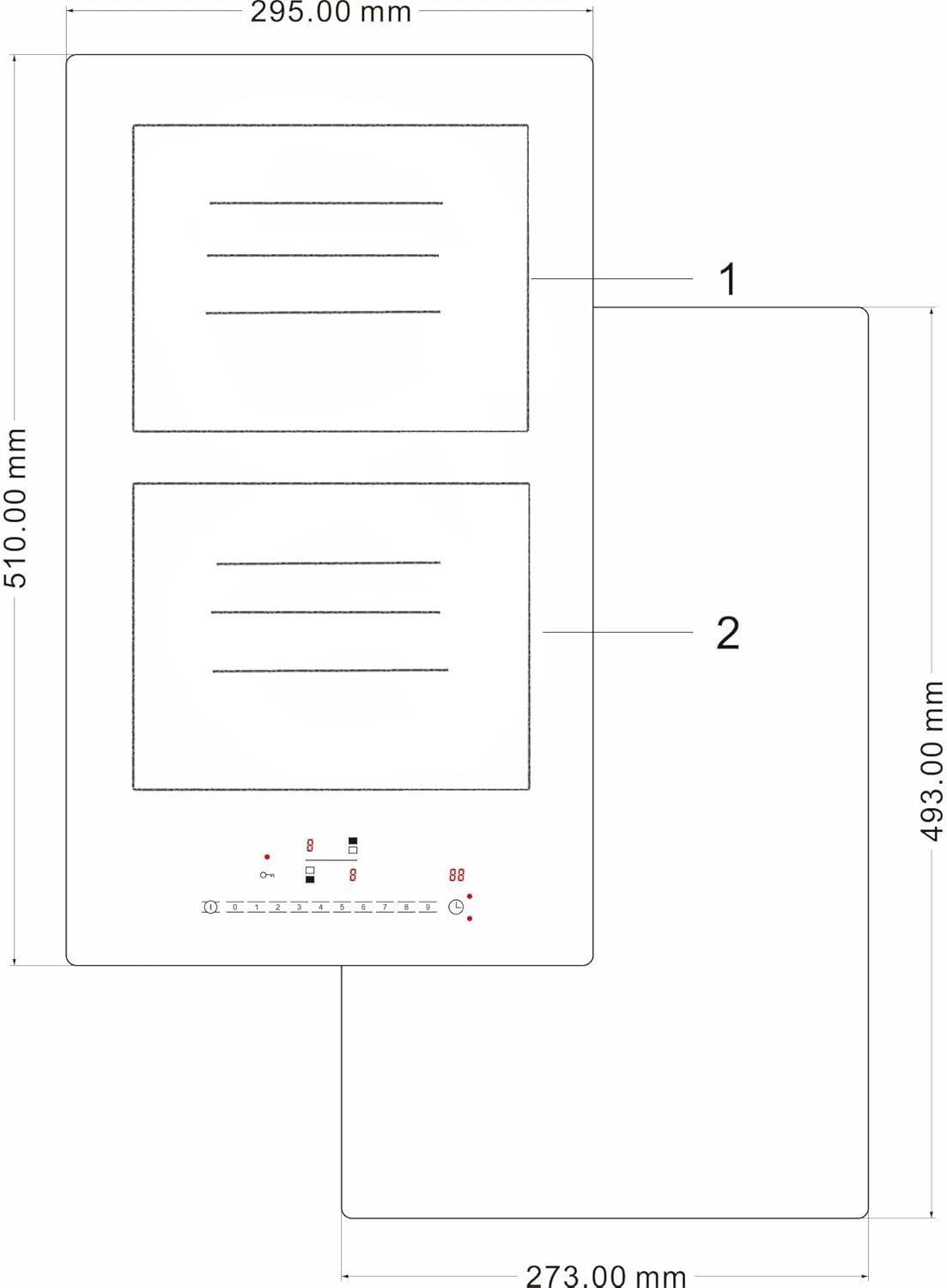 Diagramm eines rechteckigen Geräts mit zwei Kochzonen, Abmessungen und Bedienfeld mit Zahlen und Anzeigen.