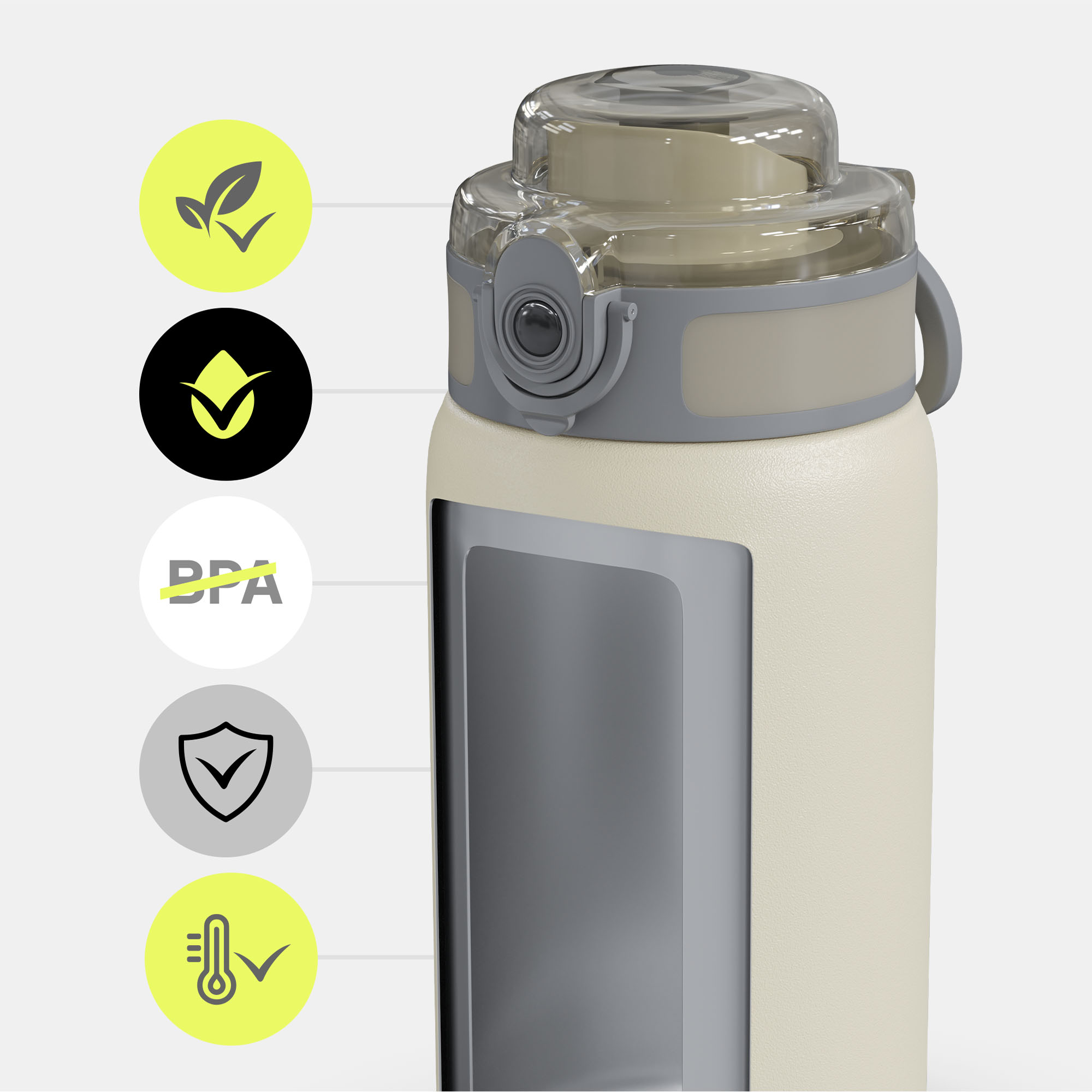 Eine hellbeige Wasserflasche mit grauem Deckel und Akzenten. Symbole weisen auf umweltfreundliche, BPA-freie und temperatursichere Eigenschaften hin.