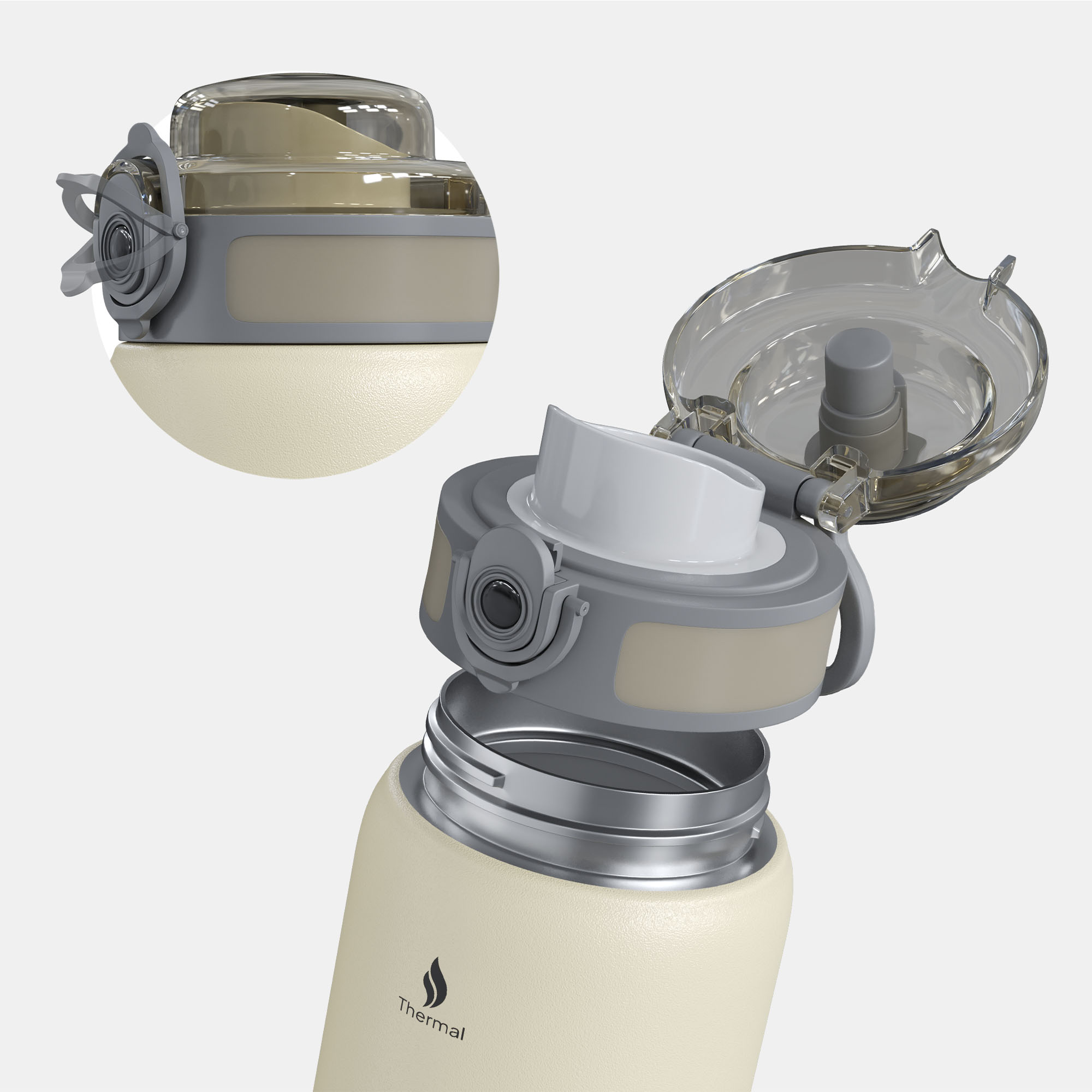 Beige Wasserflasche mit grauem Deckel offen. Klare Plastikabdeckung. Kleiner Kreis mit Deckeldetail oben links.