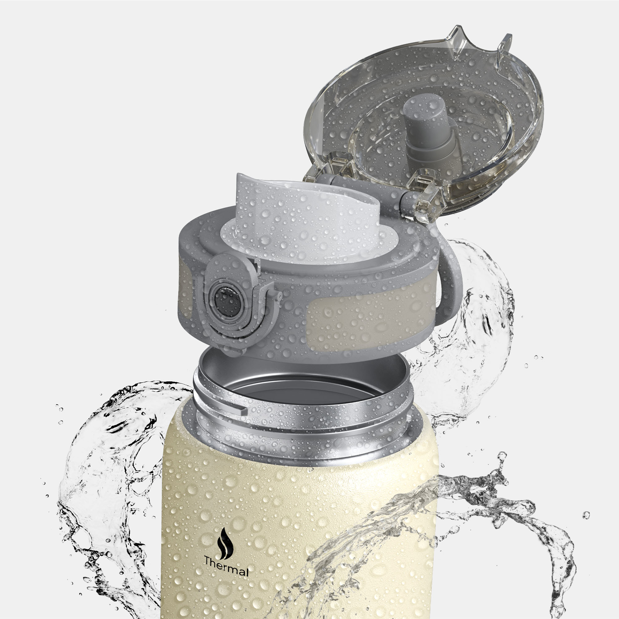 Eine beige Wasserflasche mit grauem Deckel ist geöffnet, Wassertropfen bedecken die Flasche und ein Wasserspritzer umgibt sie. Der Deckel ist geöffnet.
