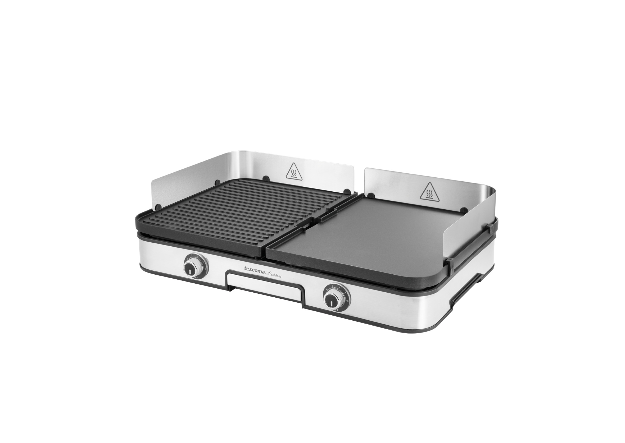 Ein silberner und schwarzer Elektrogrill mit zwei Kochflächen und Hitzewarnsymbolen.