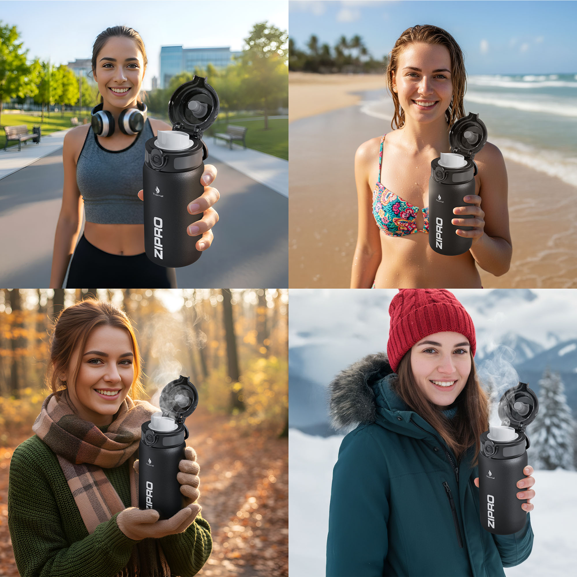 Vier Frauen halten schwarze Zipro-Flaschen. Szenen umfassen einen Park, Strand, Herbstwald und schneebedeckte Berge. Dampf steigt auf.