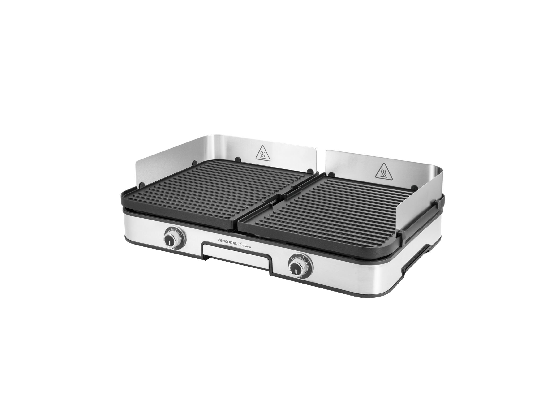 Ein Edelstahlgrill mit zwei Kochflächen. Jede Oberfläche hat Rillen. Knöpfe vorne. Warnsymbole sind sichtbar.