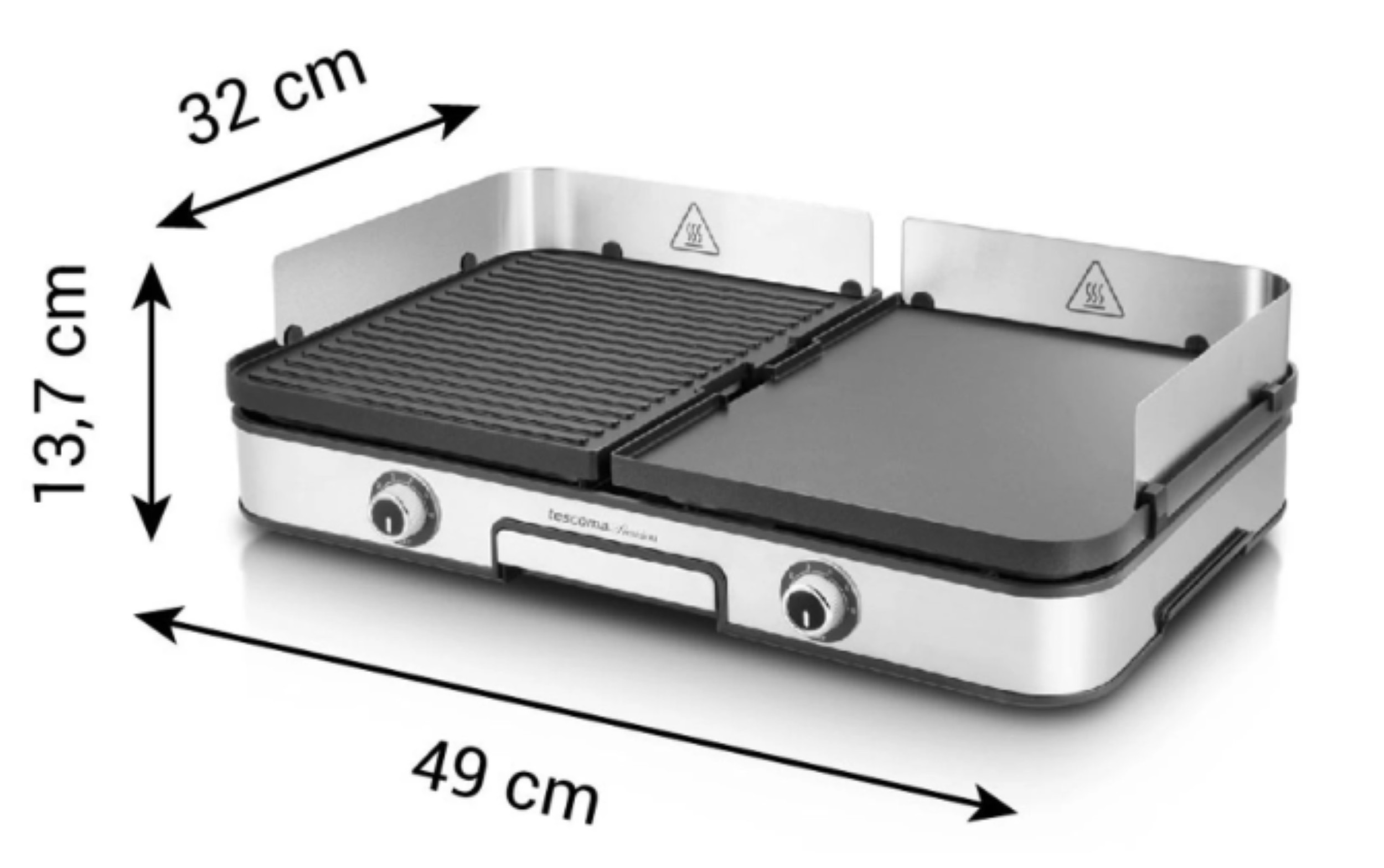 Ein silberner und schwarzer Tescoma-Grill mit zwei Kochflächen und Maßangaben von 32 cm, 13,7 cm und 49 cm.