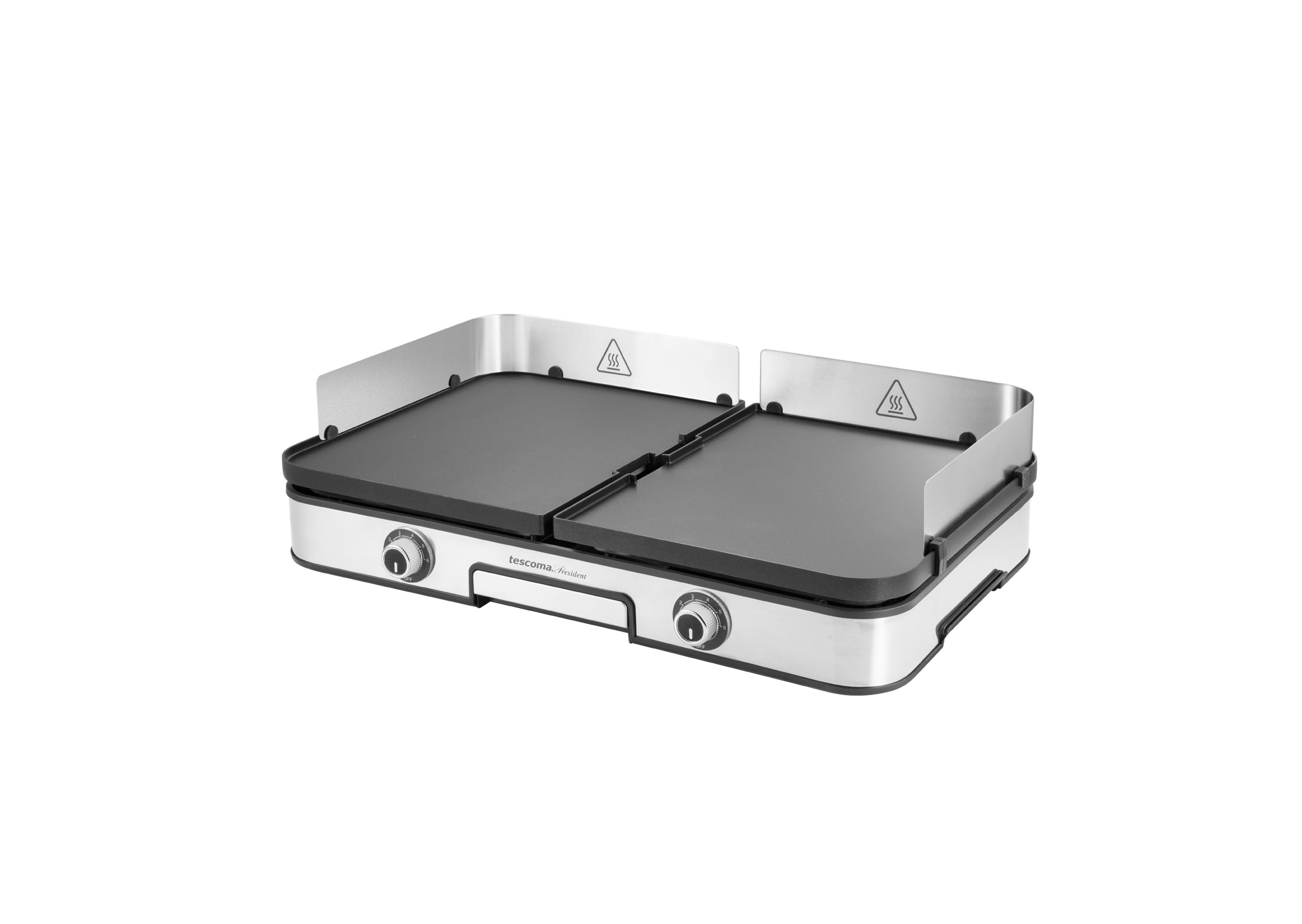 Ein Edelstahlgrill mit zwei Kochflächen. Er hat Temperaturregler und Warnsymbole.