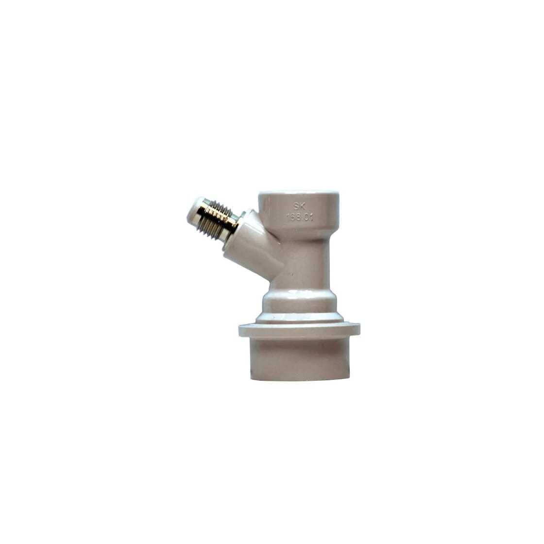 Een grijze metalen connector met een schroefdraadeinde en een schuine uitlaat. De connector staat op een witte achtergrond.