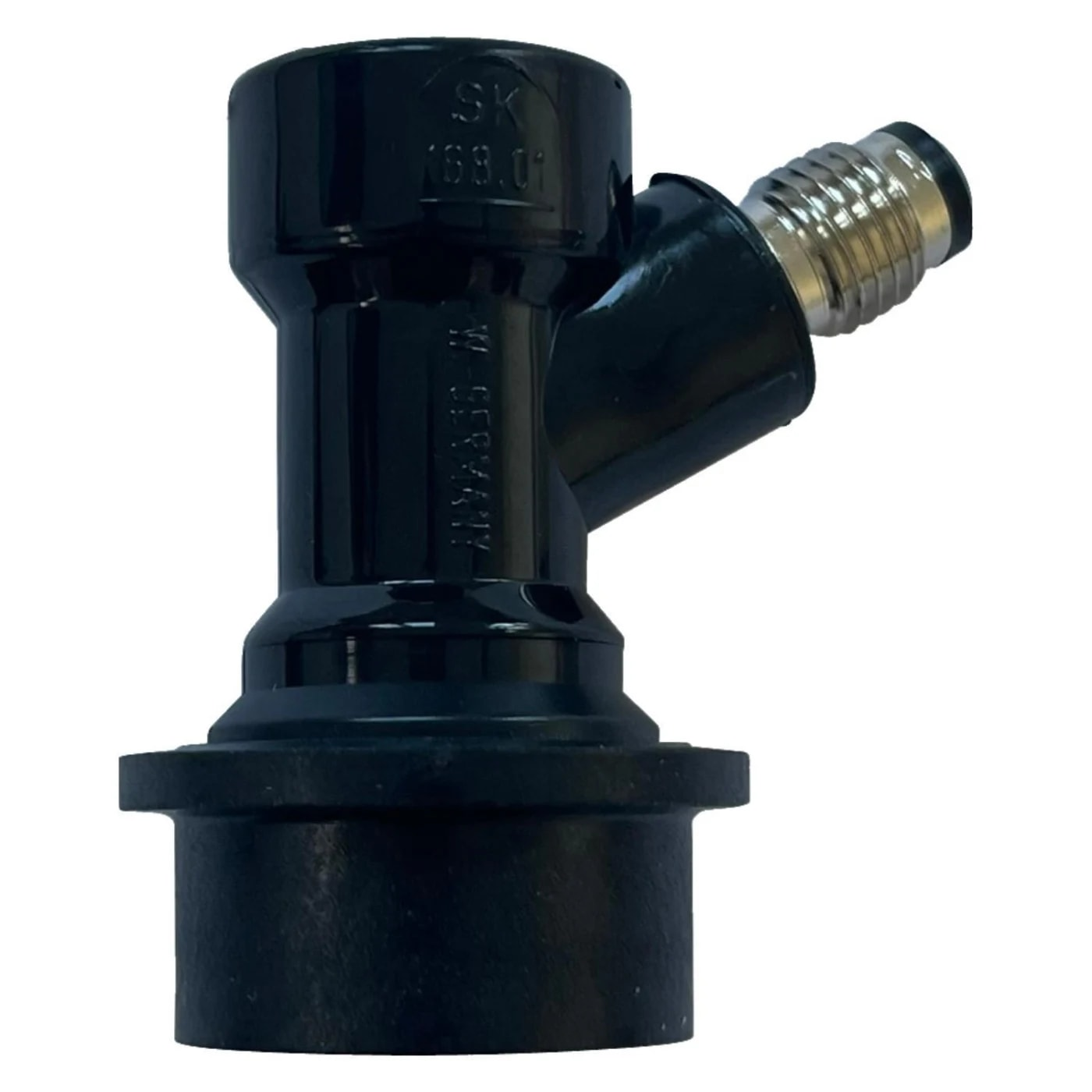 Een zwarte fustkoppeling met een zilveren connector op een witte achtergrond. Er staat 'SK 169.01' en 'W-GERMANY' op.