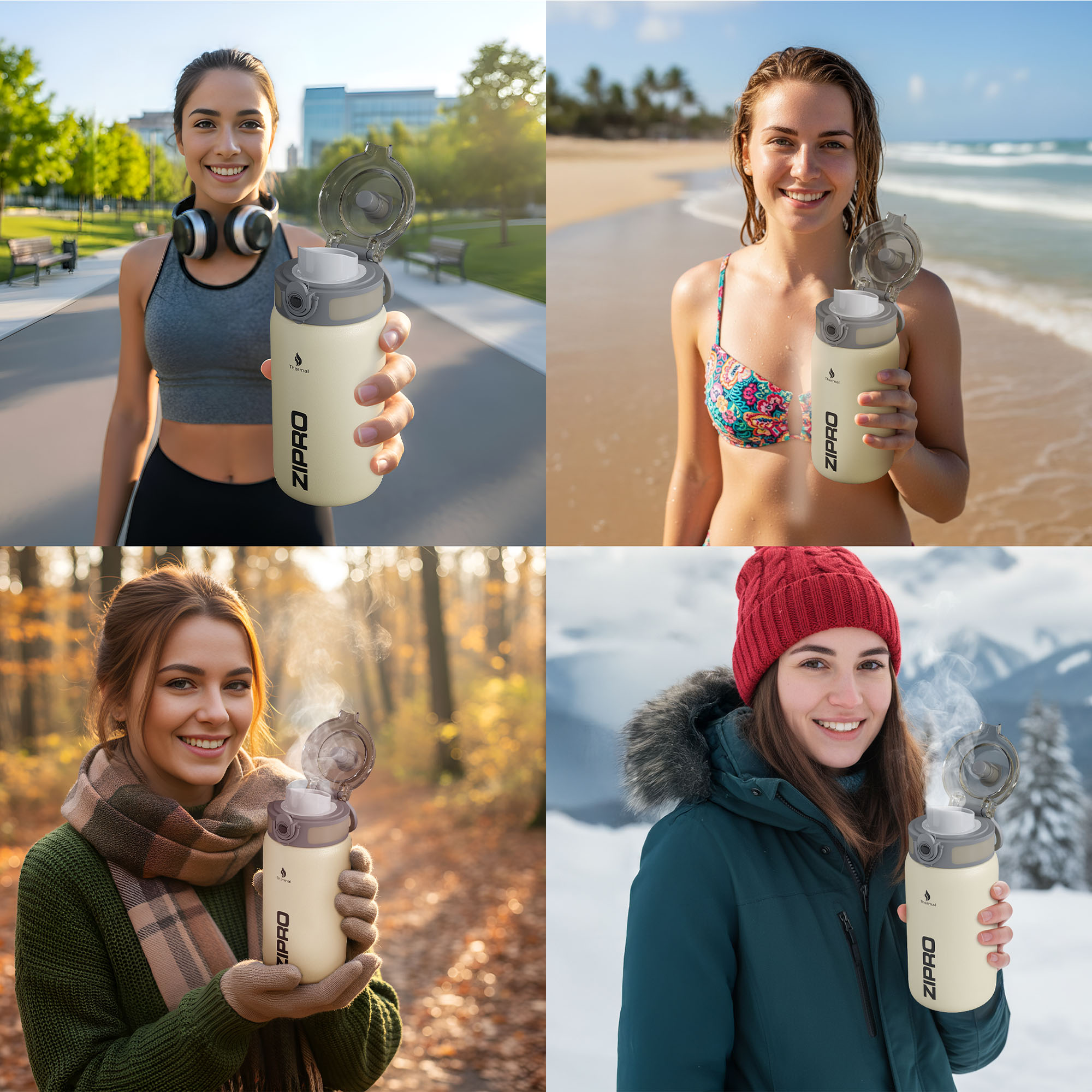 Vier vrouwen houden een beige thermosfles vast met stoom. Scènes zijn onder meer een park, strand, herfstbos en besneeuwde bergen.