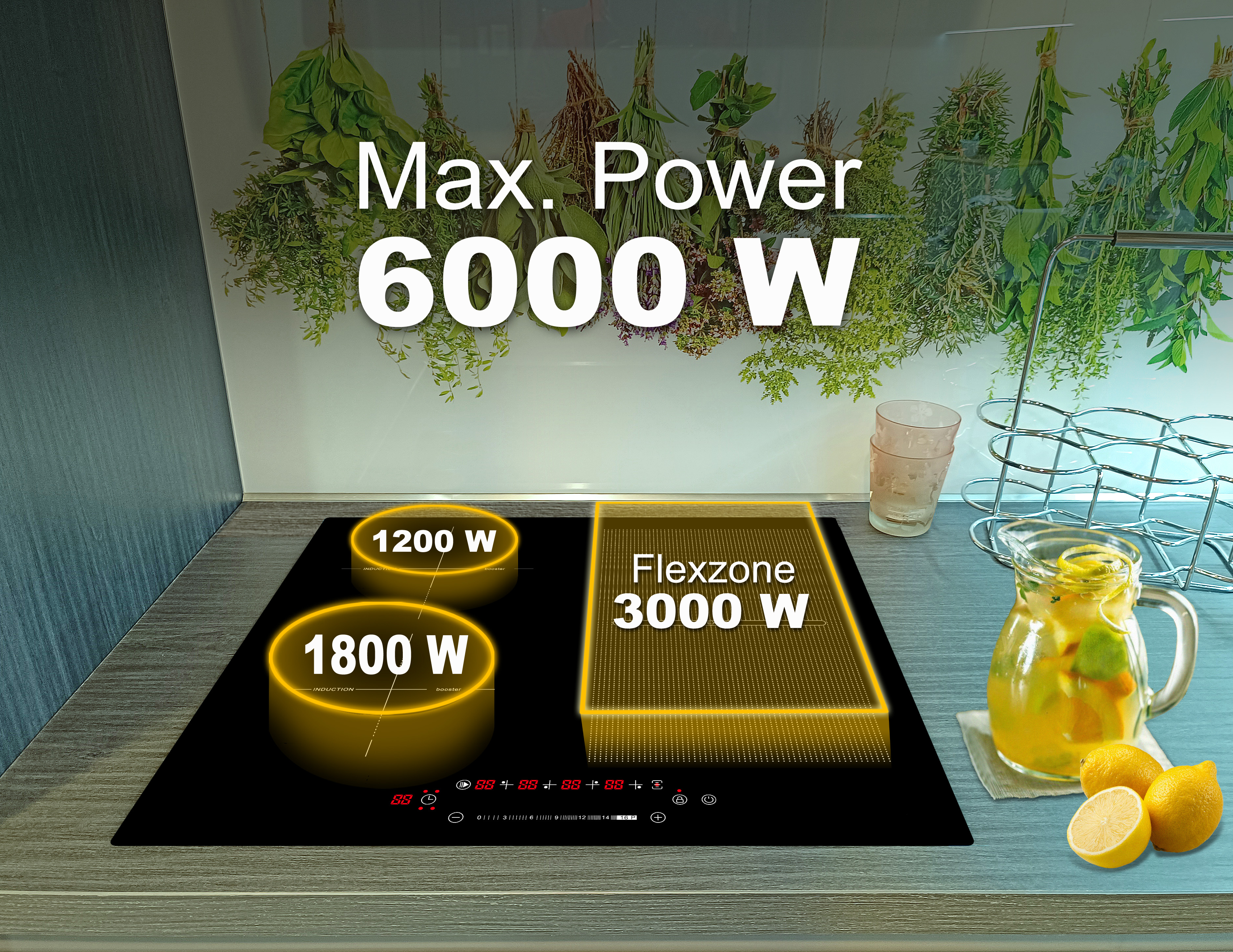 Ein schwarzes Induktionskochfeld mit Leistungsanzeigen. Text zeigt 'Max. Power 6000W' und Flexzone 3000W. Ein Krug mit Zitronen ist sichtbar.