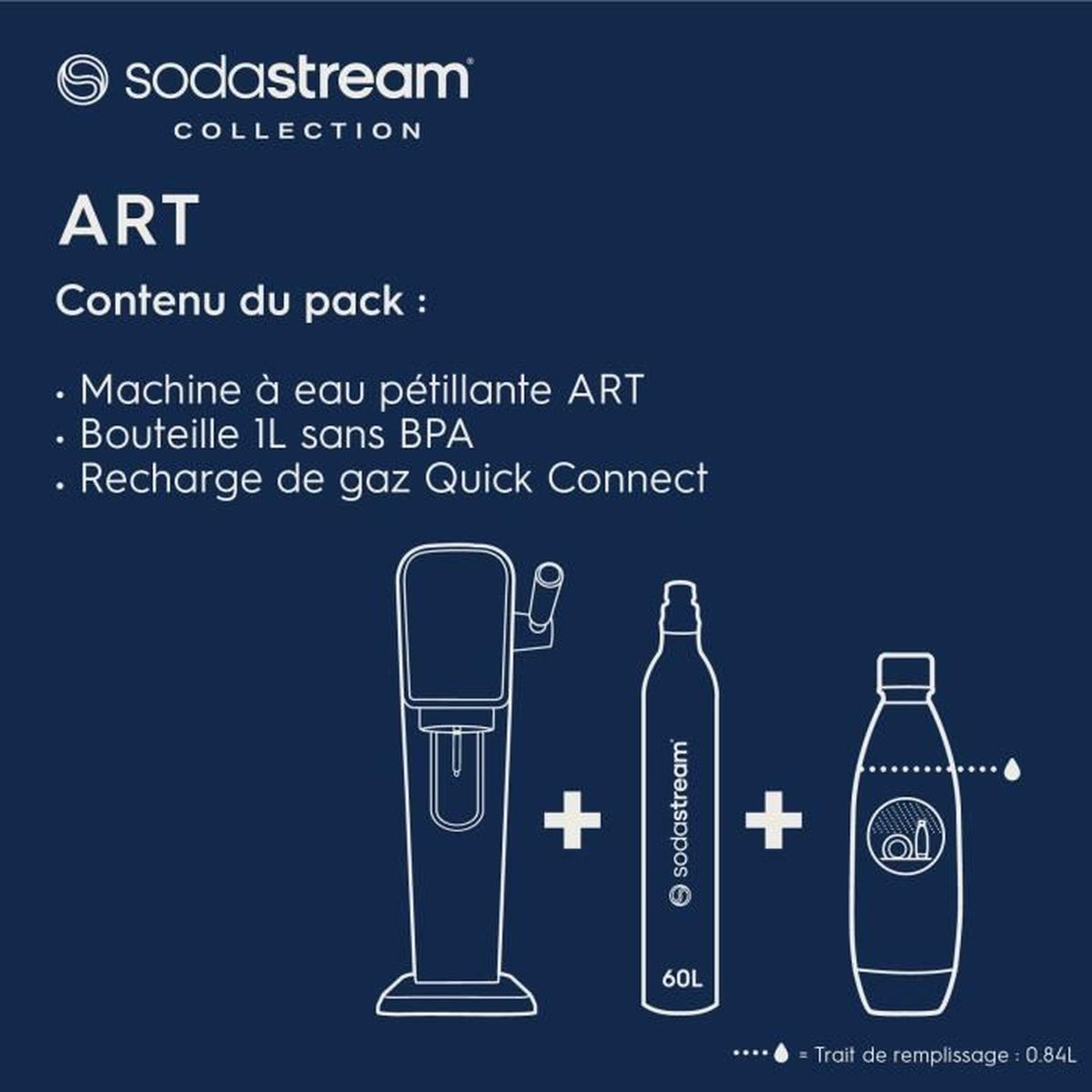 Obraz przedstawia zestaw Sodastream: saturator, butelkę i uzupełnianie gazu. Zawiera tekst i elementy graficzne na ciemnoniebieskim tle.