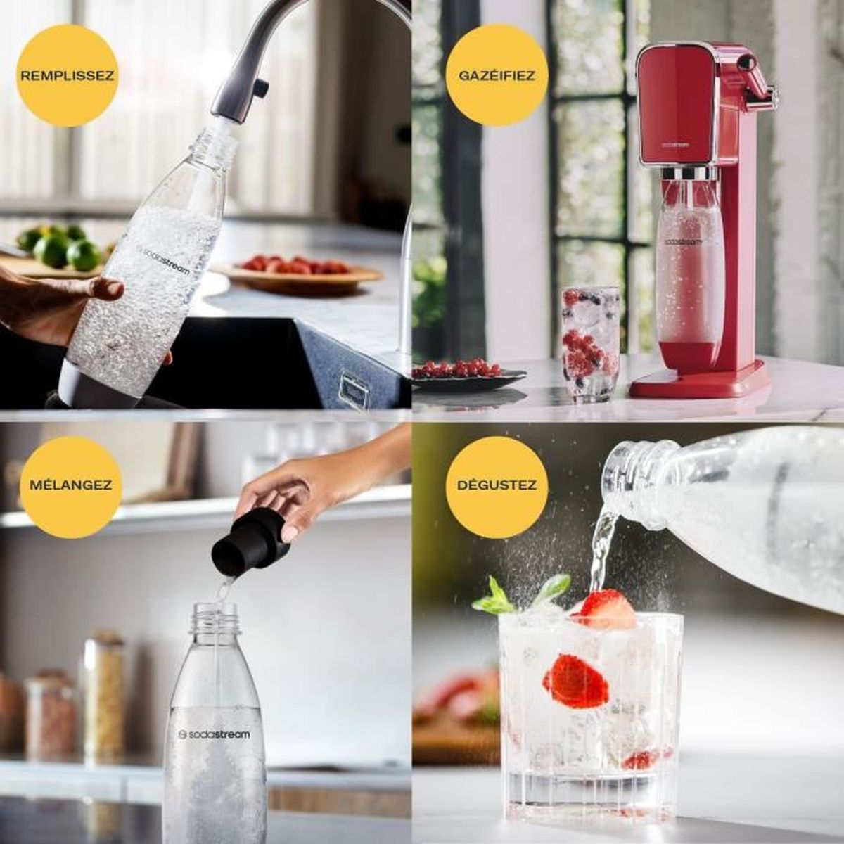 Cztery obrazy pokazujące użycie SodaStream: napełnianie, nasycanie dwutlenkiem węgla, mieszanie i picie napoju z truskawkami i miętą.