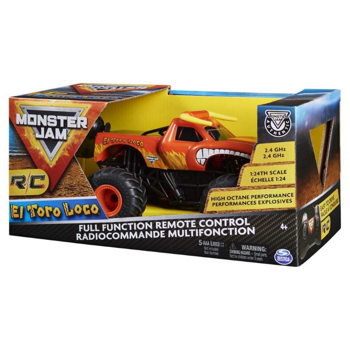 Un juguete de camión El Toro Loco Monster Jam en una caja. Camión naranja con cuernos de toro, calcomanías de llamas. La caja tiene texto en inglés y francés.