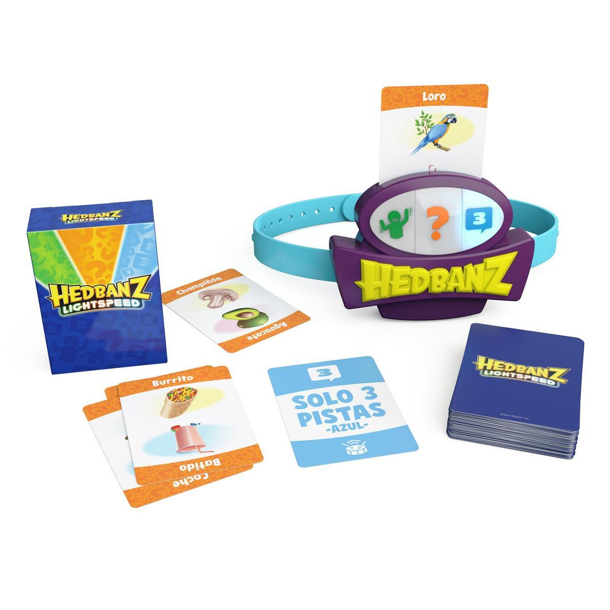 Juego Hedbanz Lightspeed con cartas, diadema y cartas. Las cartas tienen imágenes de un burrito, aguacate y loro.