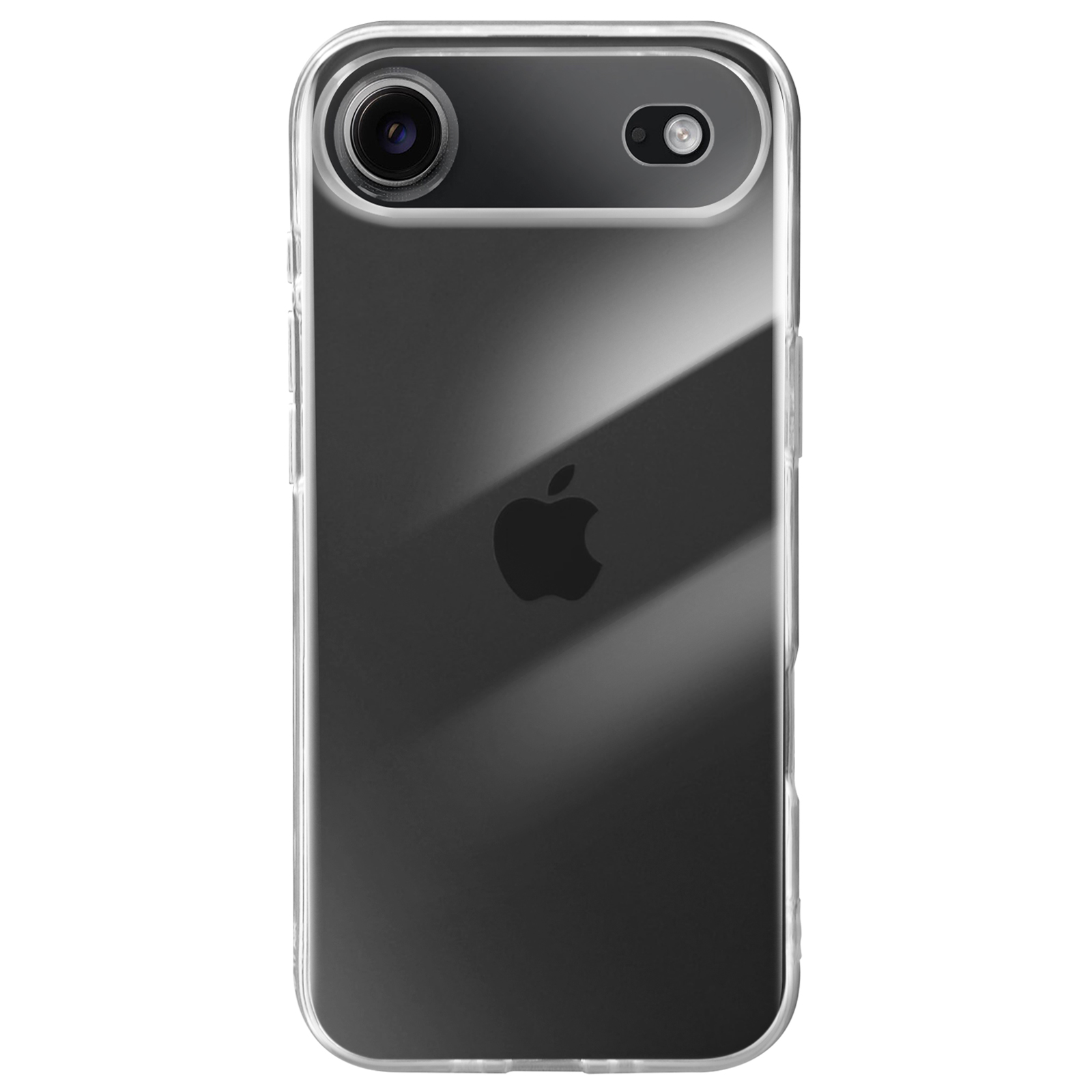Una custodia trasparente per telefono su un telefono nero. Il logo Apple è visibile. La custodia ha ritagli per la fotocamera.