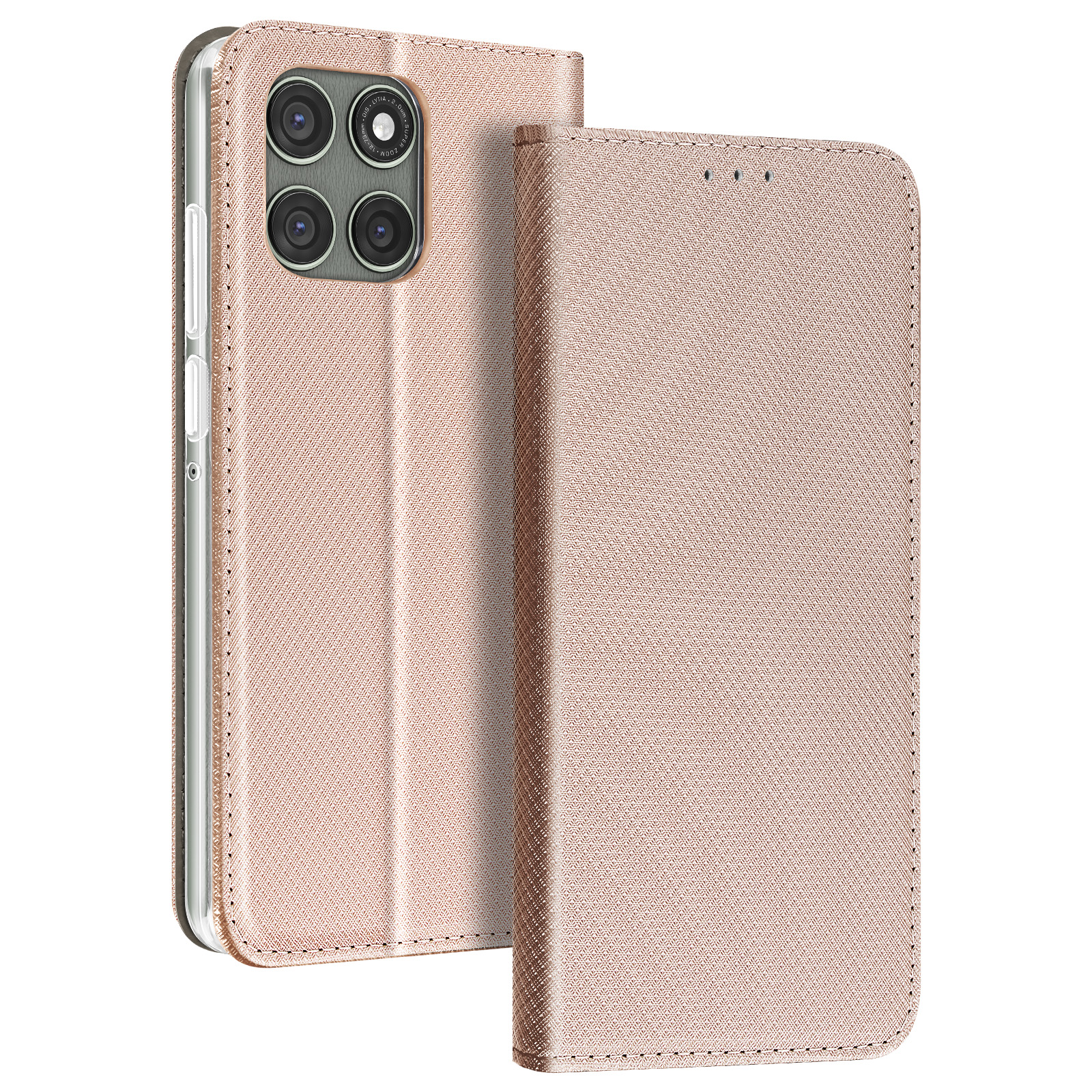 Una custodia per telefono oro rosa è aperta, rivelando un telefono con quattro obiettivi. La custodia ha un motivo strutturato.