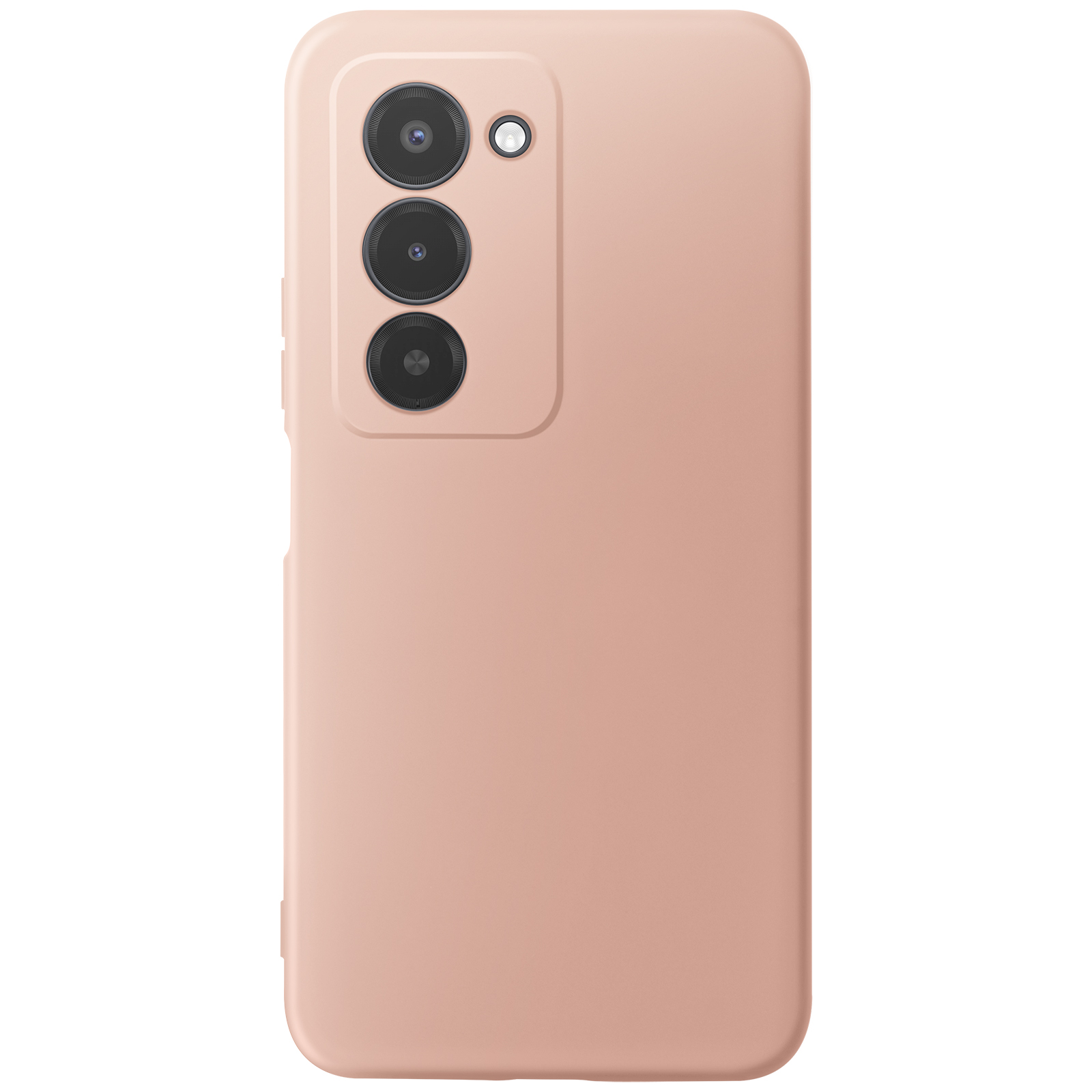 Dos de smartphone pêche avec trois objectifs et un flash. Le téléphone est sur fond blanc.