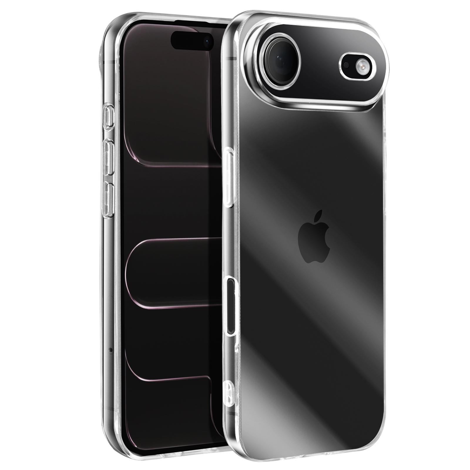 Due custodie trasparenti per telefono, una con schermo nero, l'altra con sezione fotocamera. Logo Apple visibile.