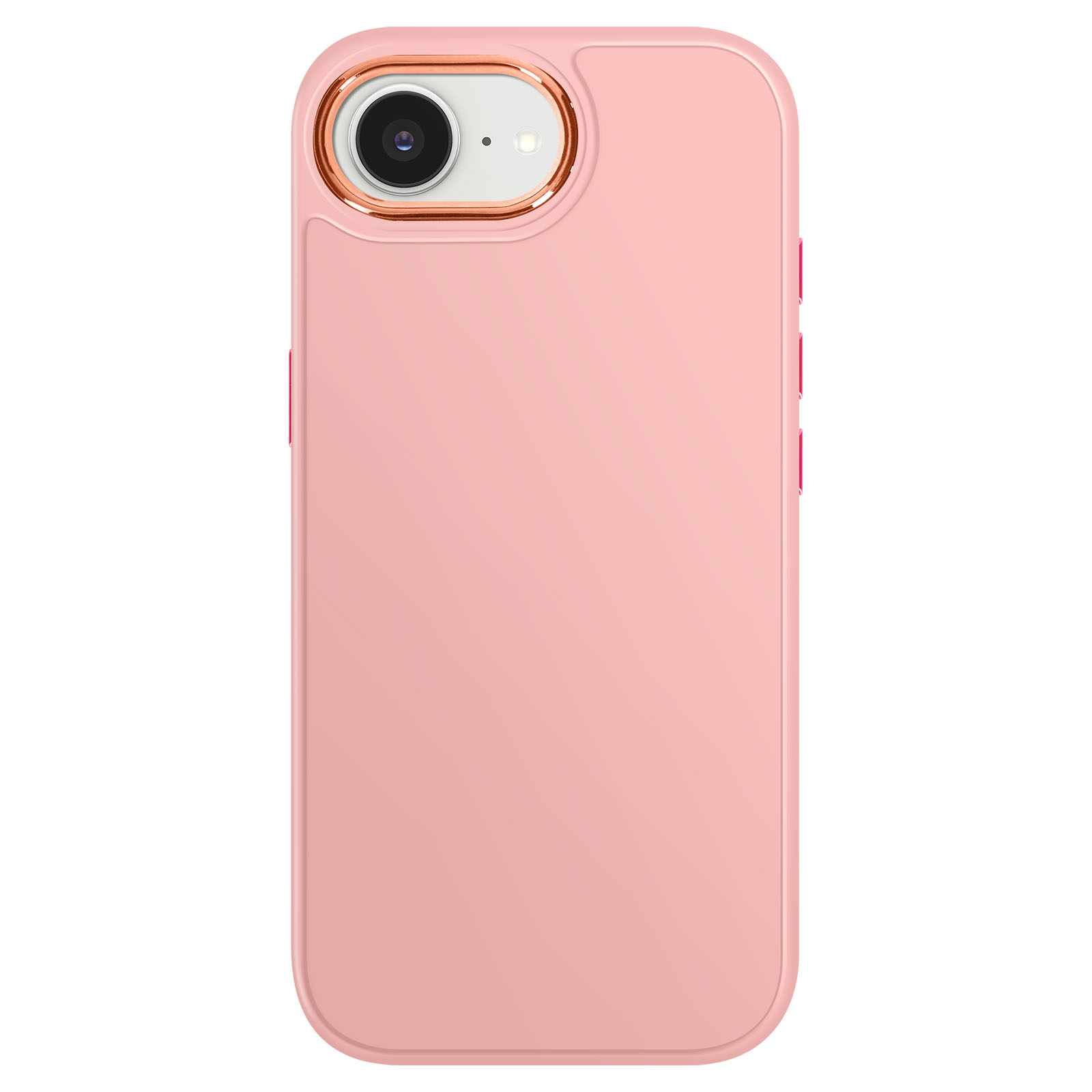 Una custodia per telefono rosa con un ritaglio per la fotocamera. La custodia ha pulsanti rosa sul lato. Lo sfondo è bianco.