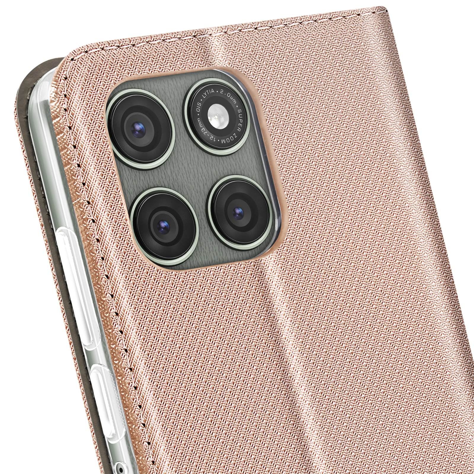 Primo piano di una custodia per telefono con modulo fotocamera. La custodia è rosata con superficie strutturata.
