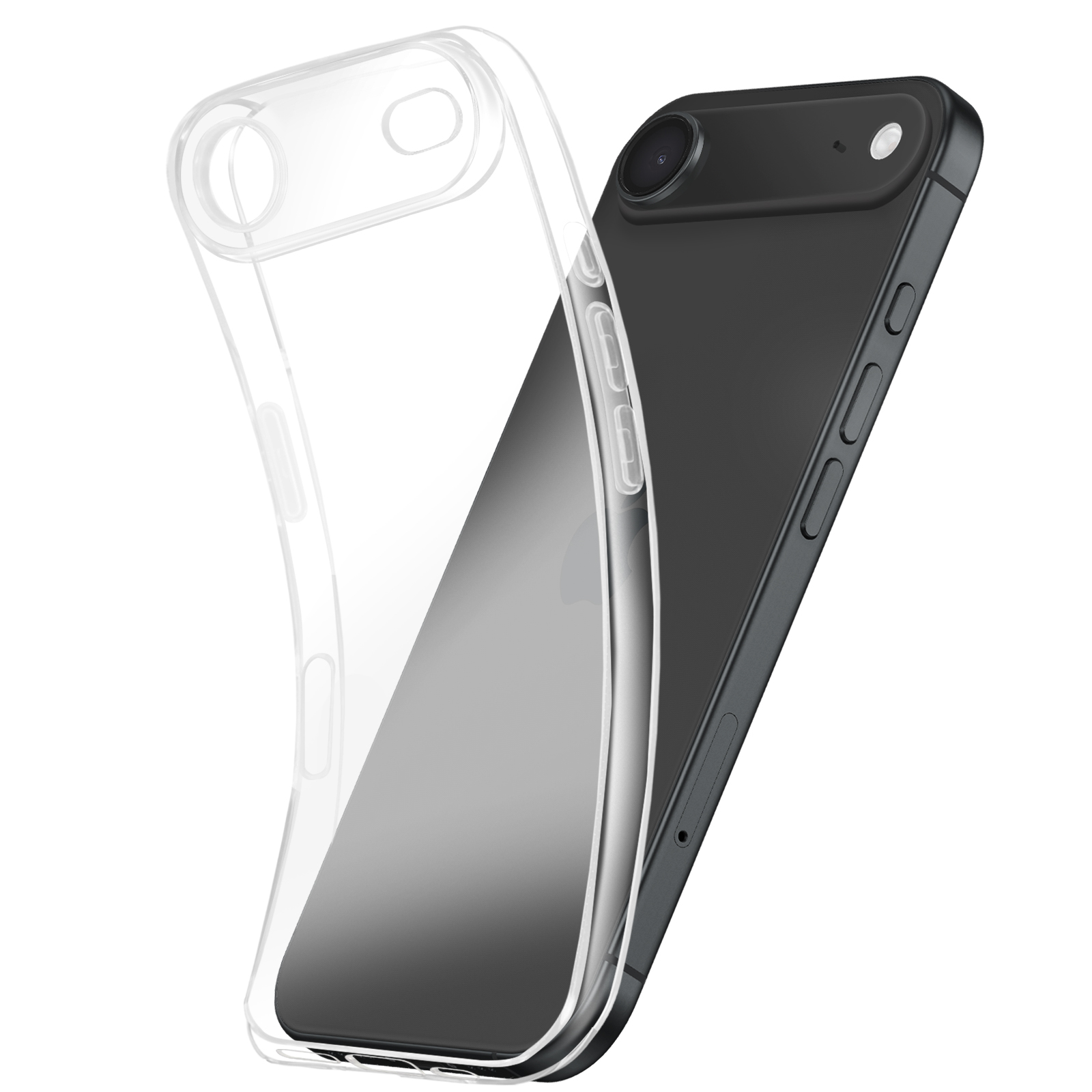 Uno smartphone nero con una custodia trasparente è mostrato ad angolo, mostrando la fotocamera e i pulsanti del telefono.