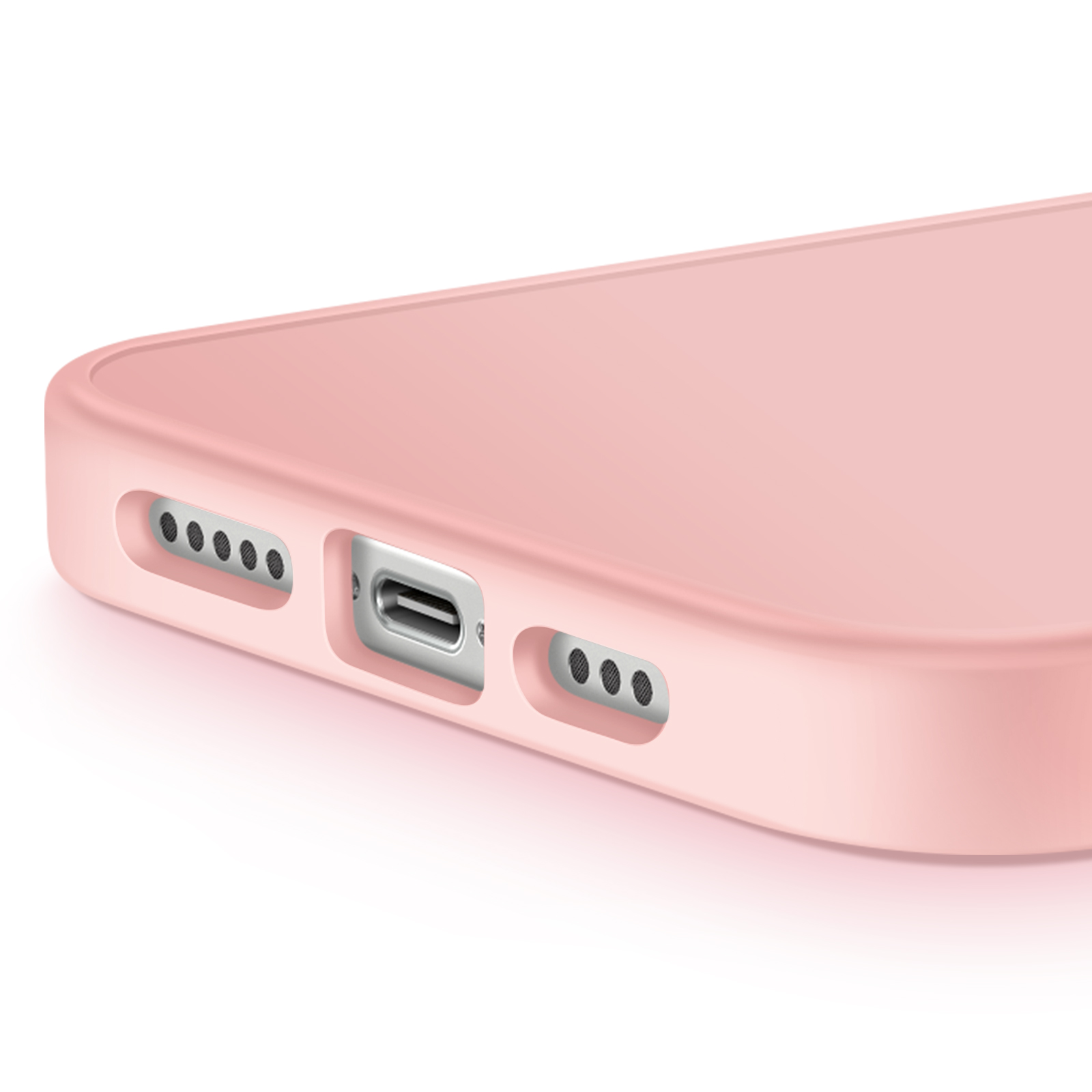 Primo piano di una custodia rosa per telefono. Ha fori per altoparlanti, una porta di ricarica ed è su sfondo bianco.