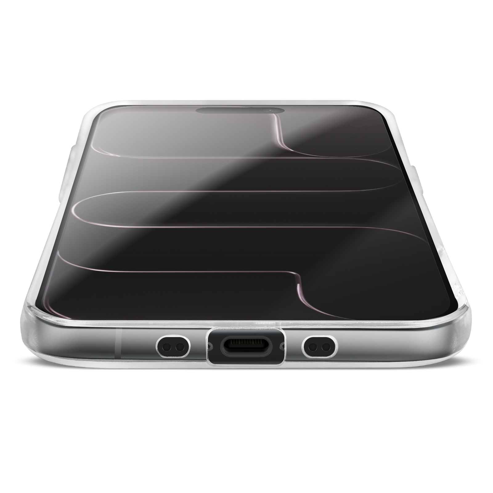 Uno smartphone in una custodia trasparente. Lo schermo è nero con elementi di design curvi. La parte inferiore ha una porta di ricarica e altoparlanti.