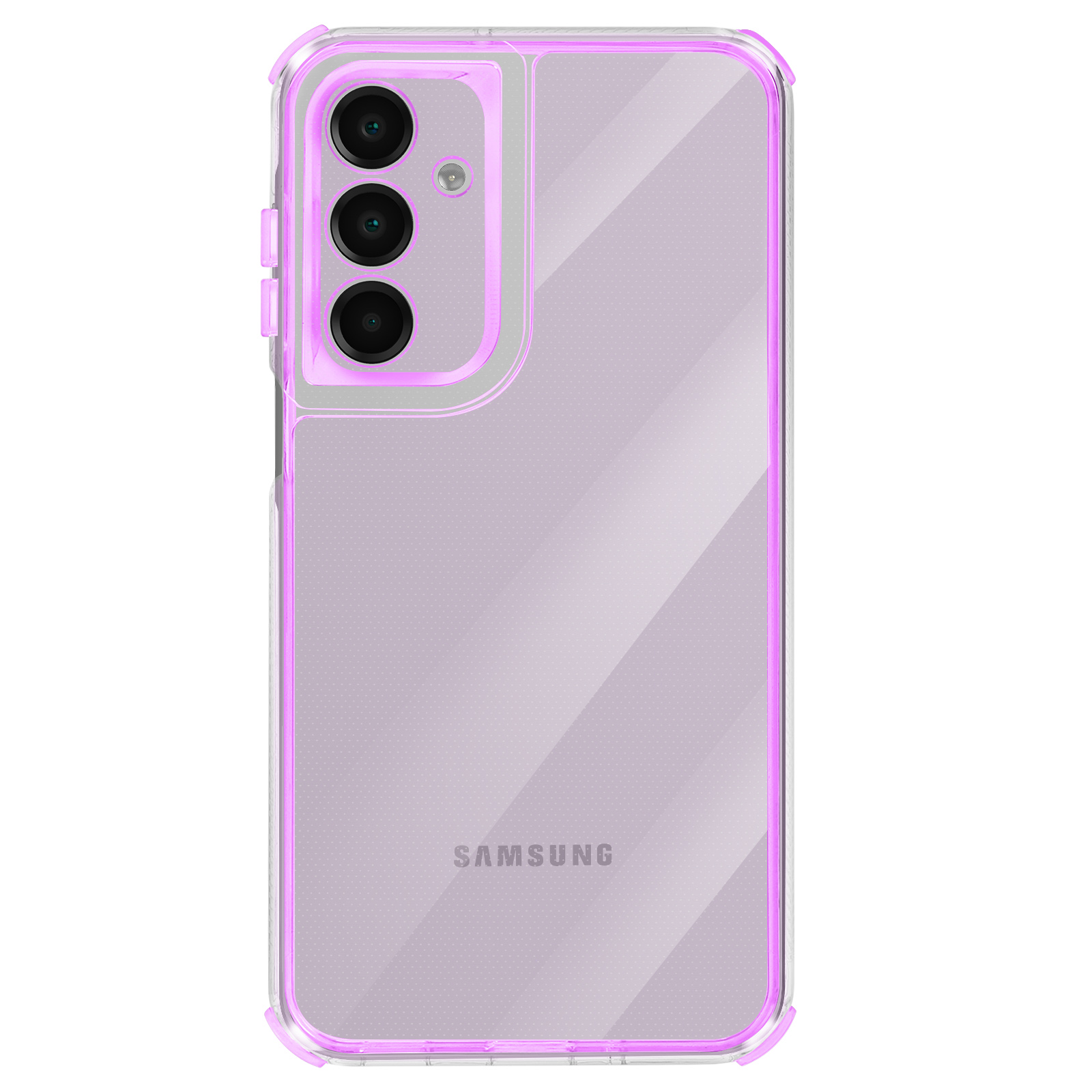Una custodia trasparente per telefono con bordo rosa, che mostra un telefono Samsung. La custodia ha un ritaglio per la fotocamera con tre lenti e un flash.