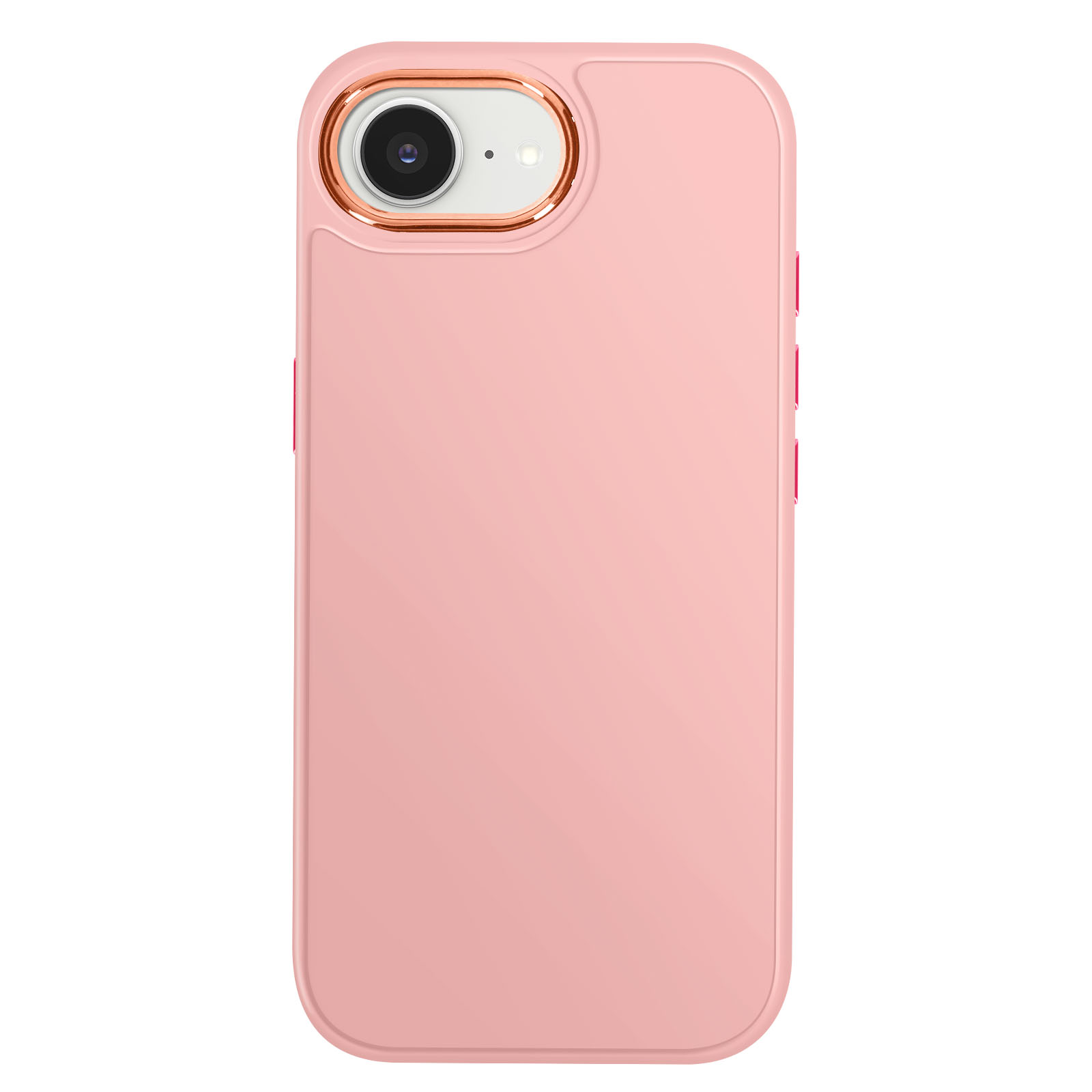 Custodia per telefono rosa con anello fotocamera dorato e pulsanti laterali rossi.