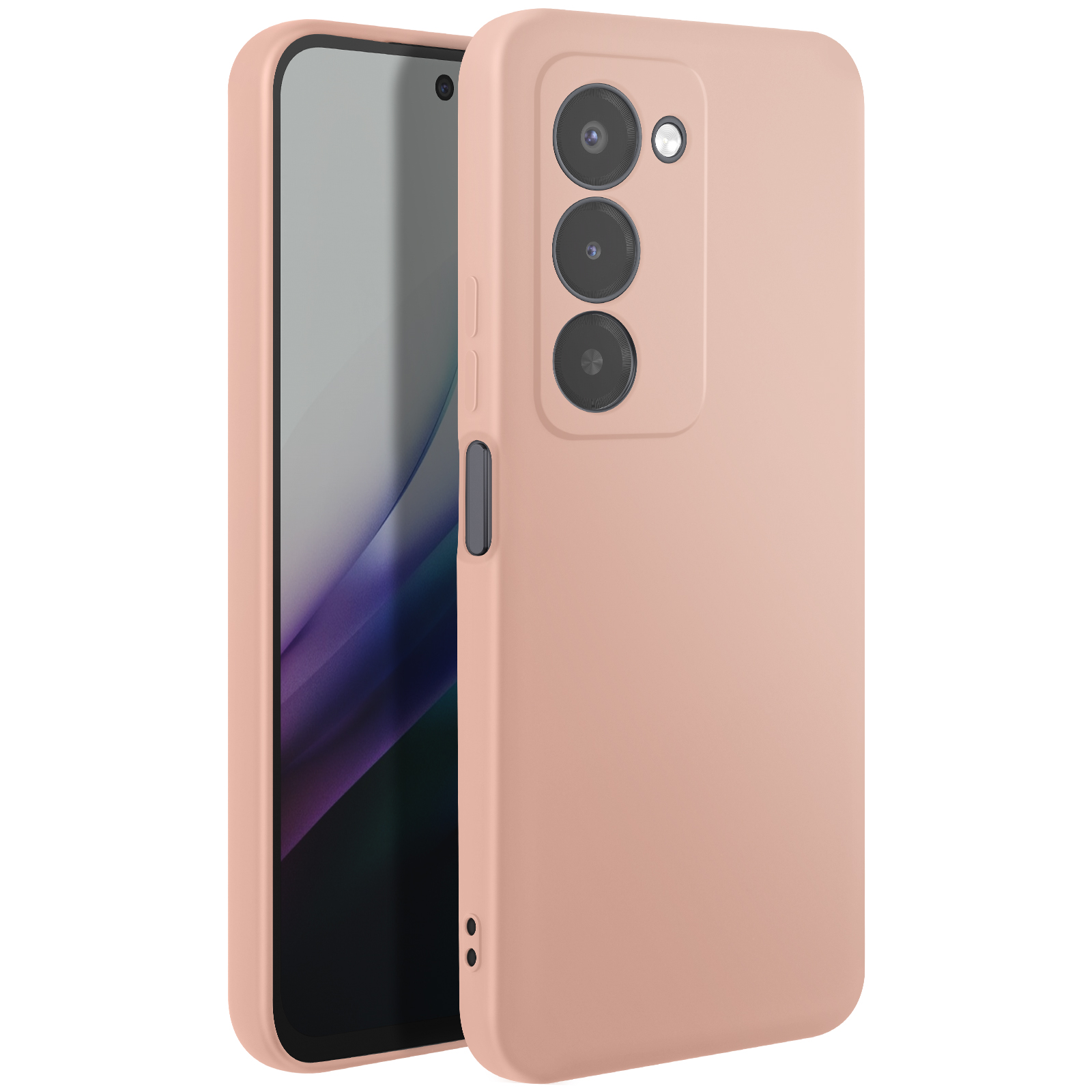 Un smartphone dans un étui pêche. L'écran du téléphone est visible, et l'étui a des découpes pour la caméra et des boutons.