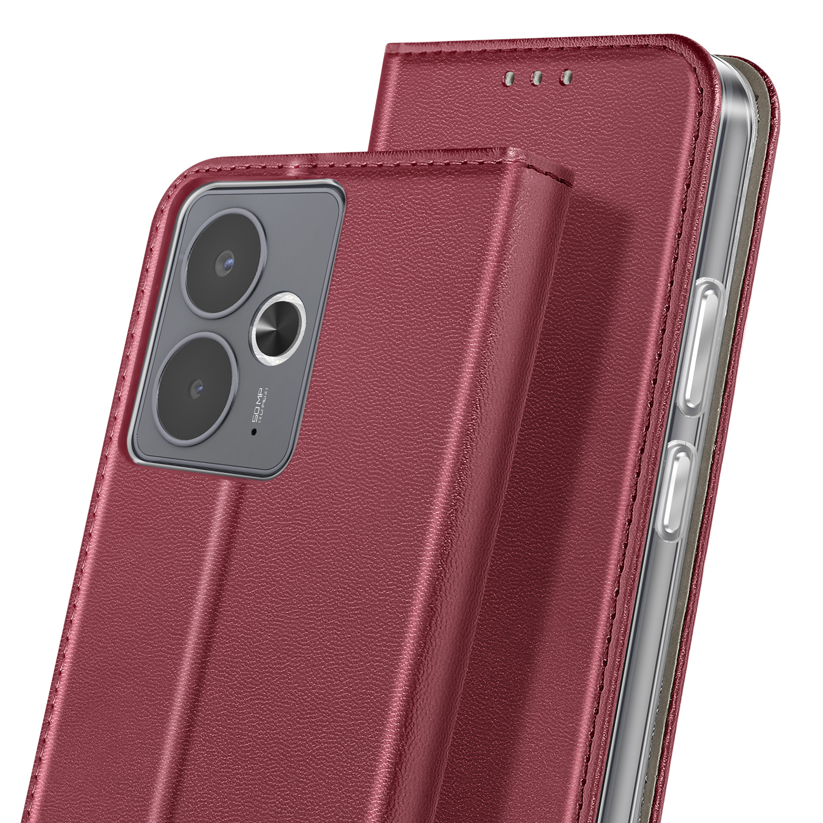 Una custodia in pelle bordeaux con un telefono visibile all'interno. La custodia è aperta, rivelando la fotocamera e i pulsanti del telefono.