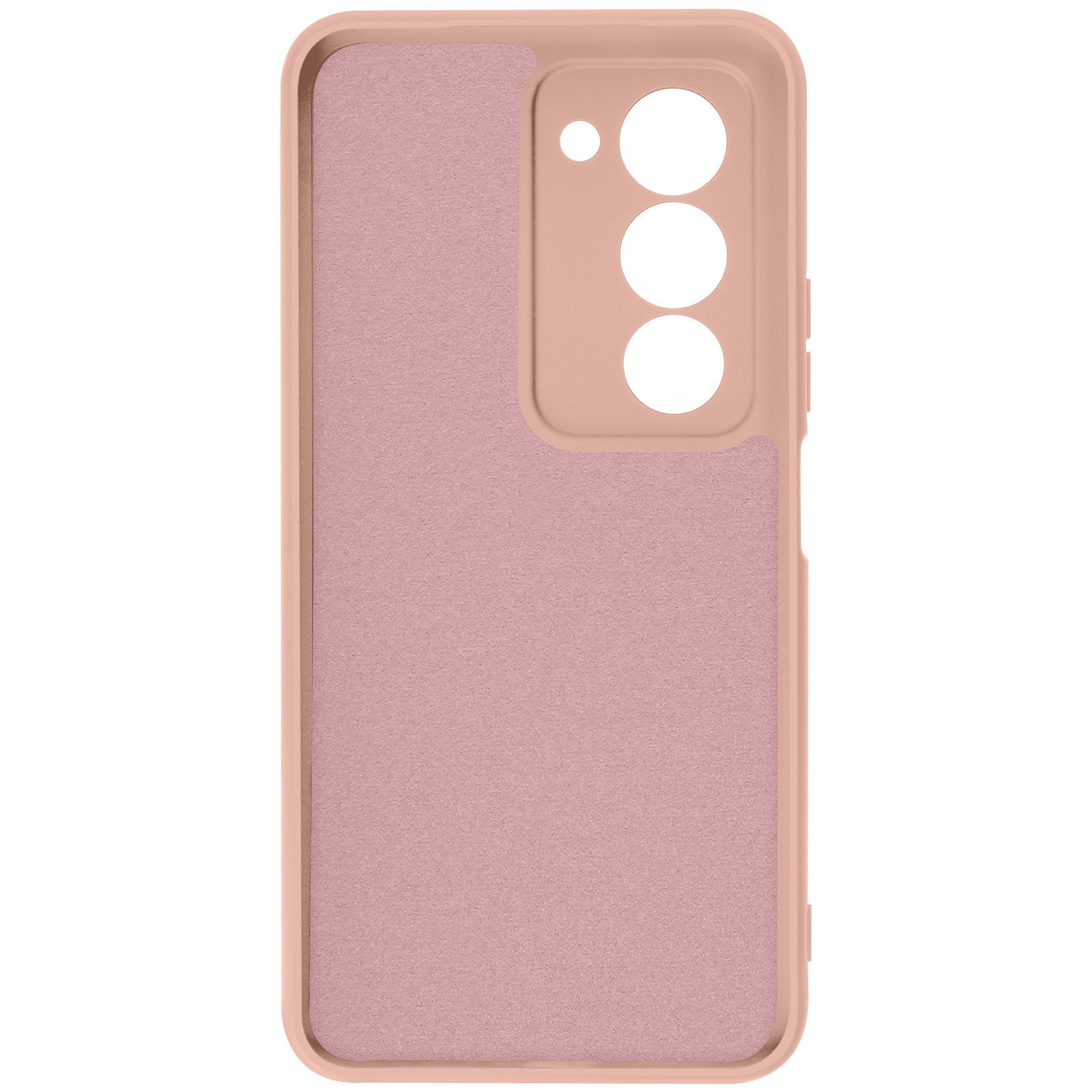 Une coque de téléphone rose avec un dos texturé et des découpes pour l'appareil photo. Des boutons sont visibles sur le côté droit.