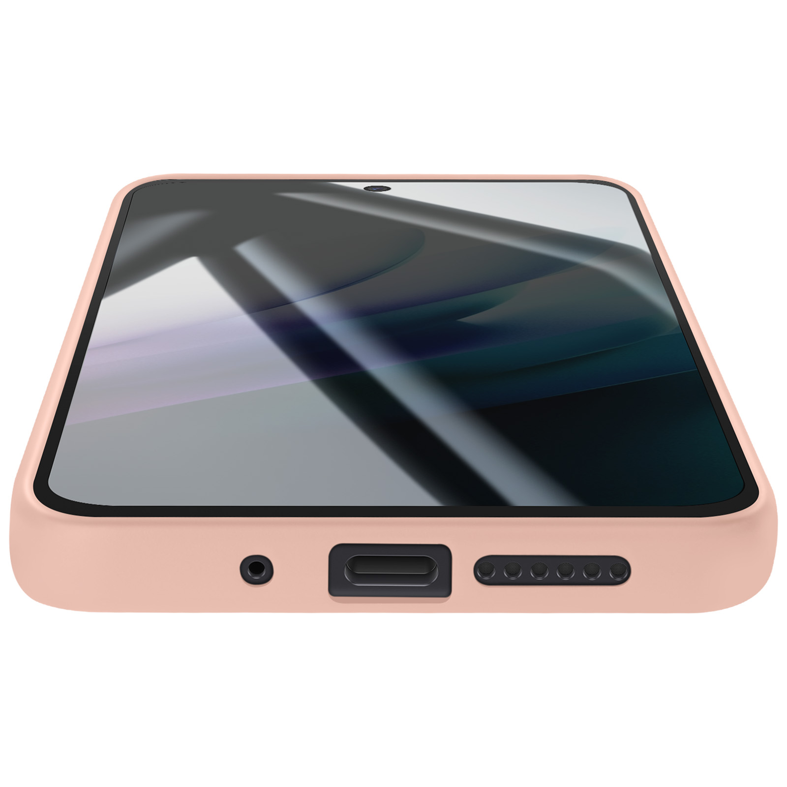 Un téléphone pêche avec un écran noir, montrant un reflet, et des ports et haut-parleurs noirs en bas.