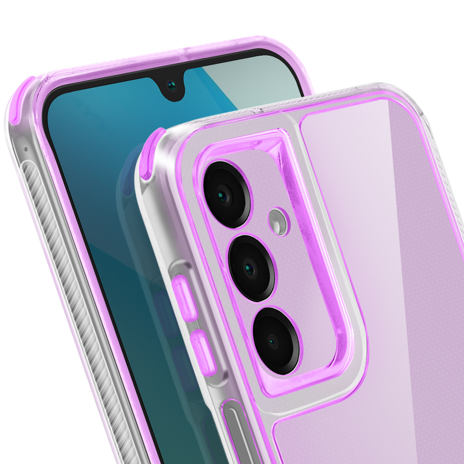 Uno smartphone con una custodia trasparente con bordi viola. Il telefono è nero con tre obiettivi.