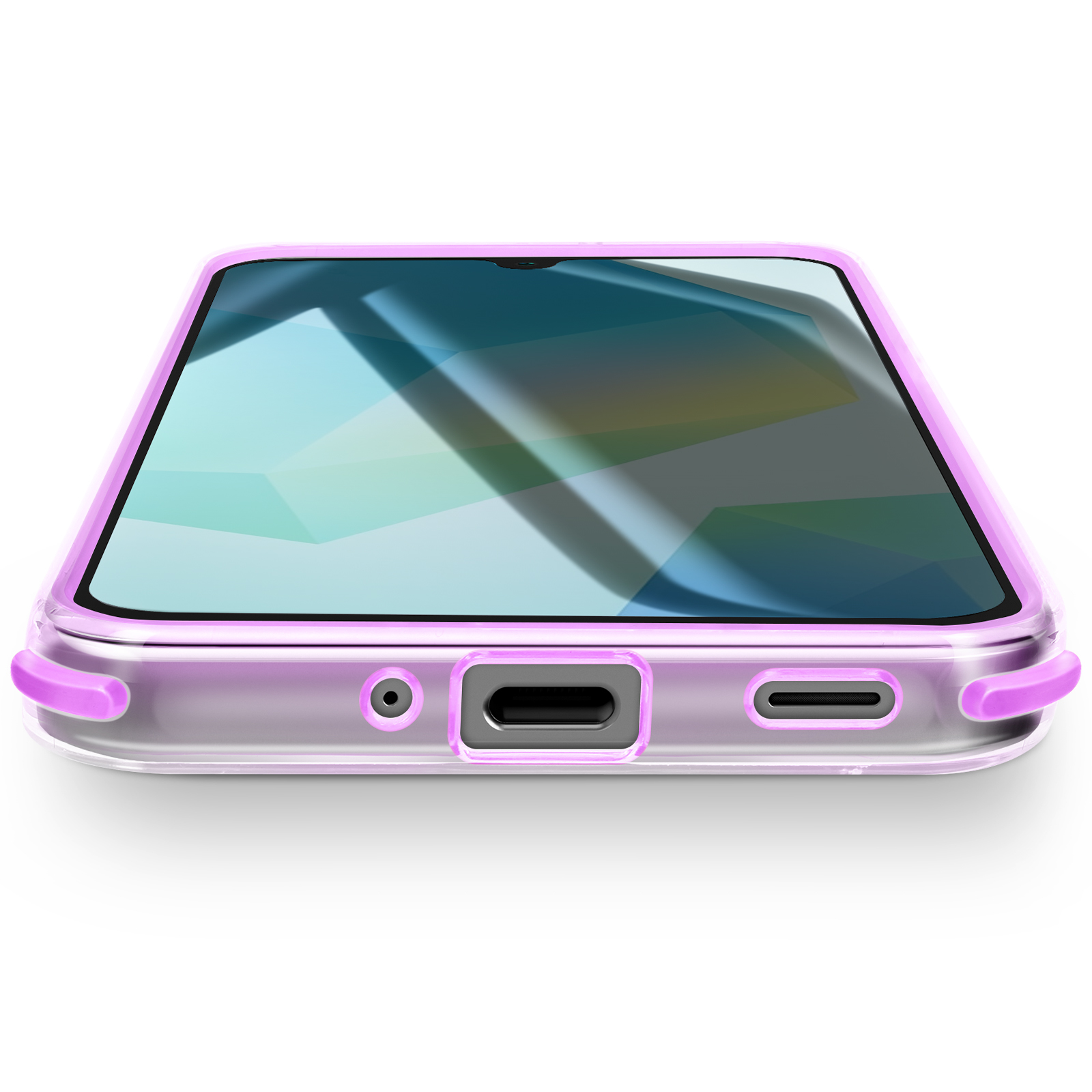 Uno smartphone in una custodia trasparente con bordo viola chiaro. Lo schermo mostra riflessi. La custodia ha ritagli.