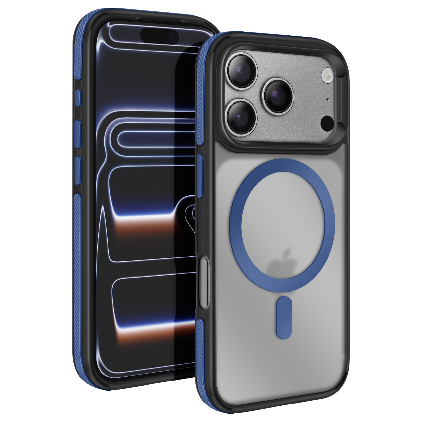Due telefoni con custodie protettive. Uno è nero e blu. L'altro è trasparente con anello e rettangolo blu.