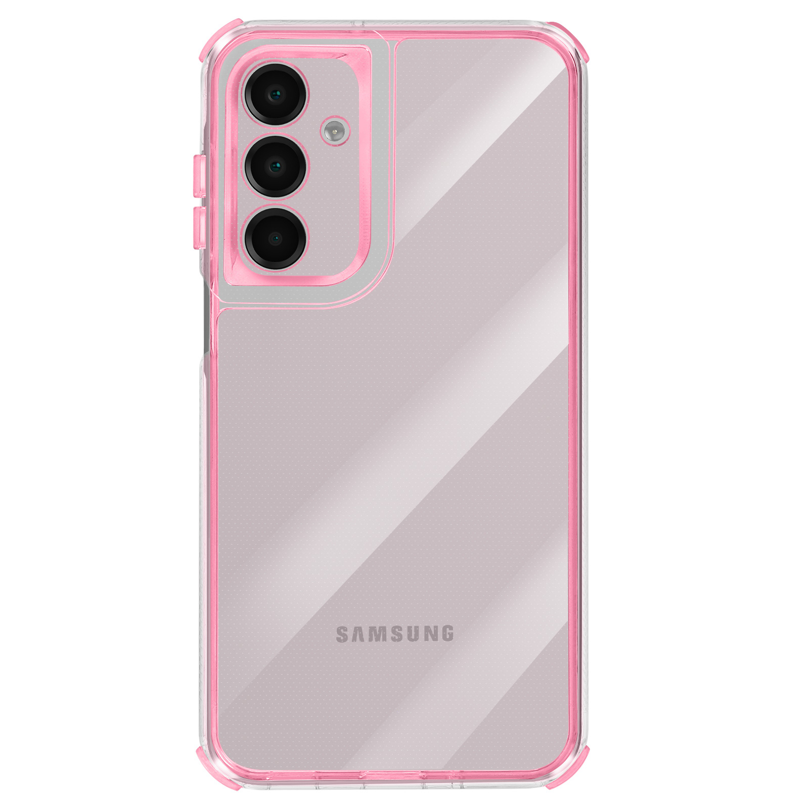 Una custodia trasparente per telefono con bordi rosa, fori per la fotocamera e il logo Samsung.