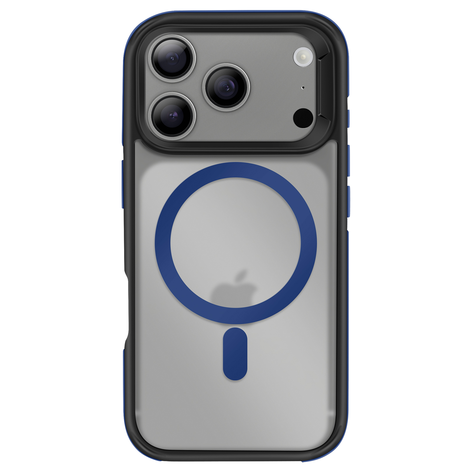 Custodia per iPhone con dettagli blu. Presenta un ritaglio per la fotocamera, un anello MagSafe e il logo Apple. La custodia è trasparente.