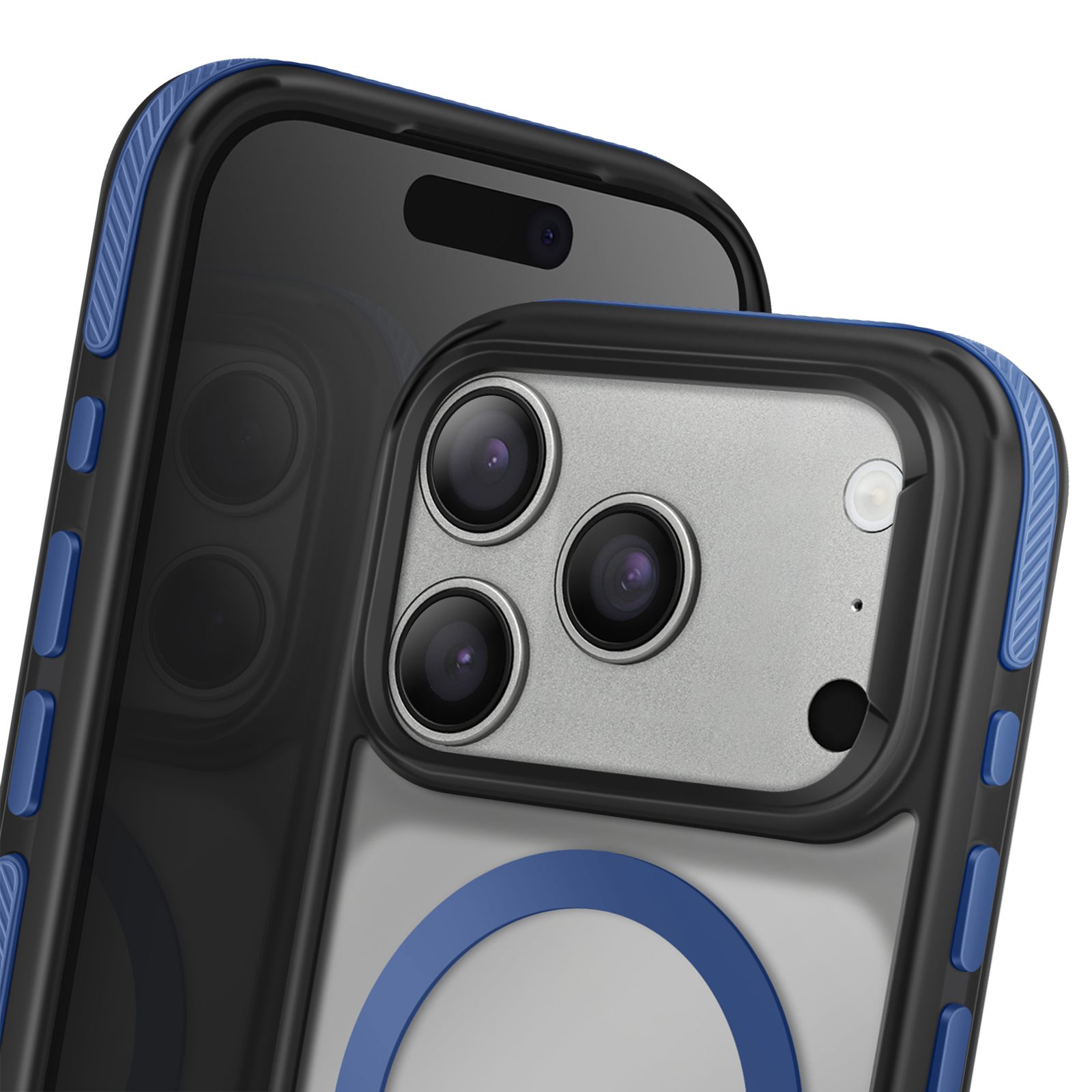 Primo piano di un telefono con custodia nera e blu. La custodia ha un retro trasparente con un anello blu.