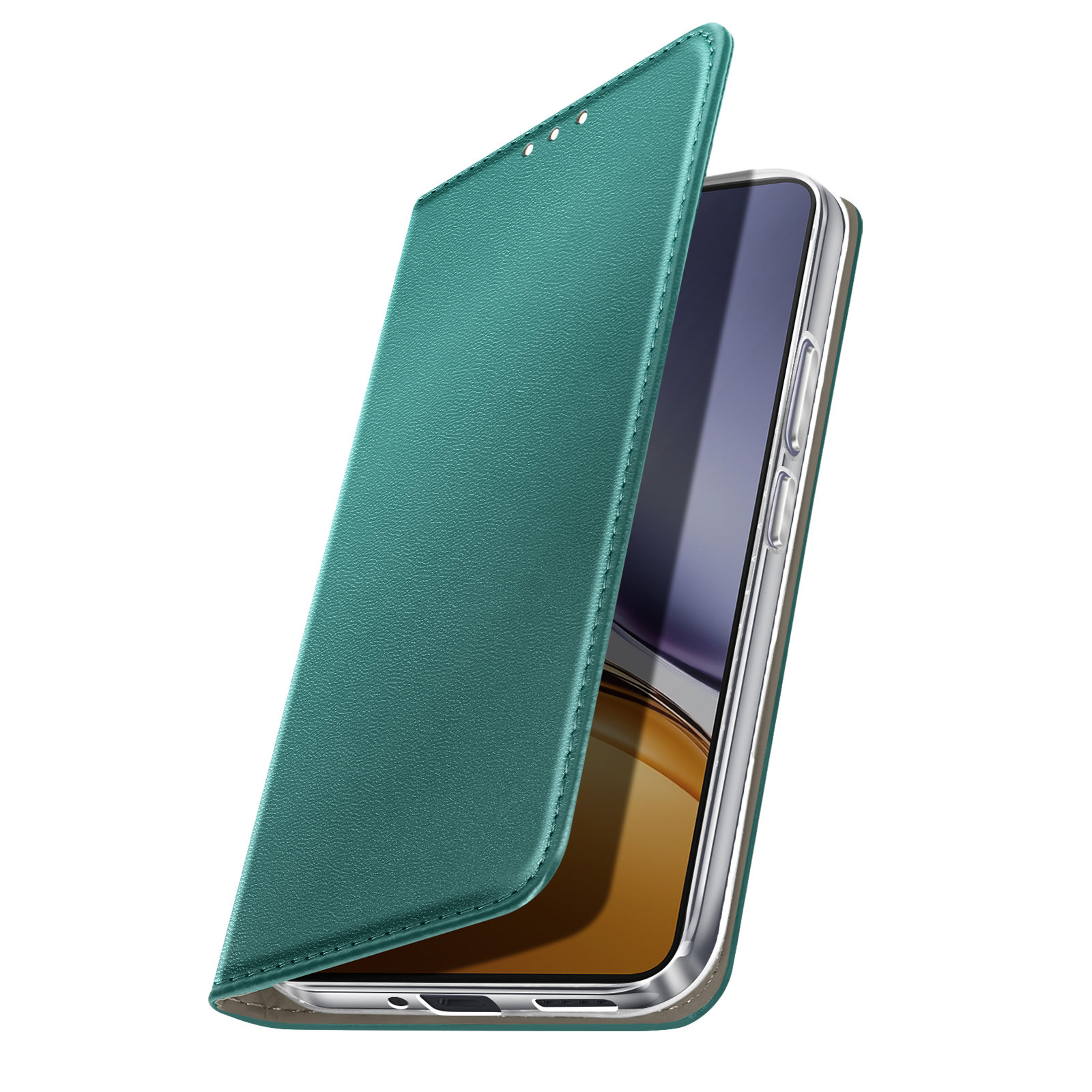 Una custodia per telefono verde acqua con un lembo aperto, che rivela un telefono. La custodia è su sfondo bianco.
