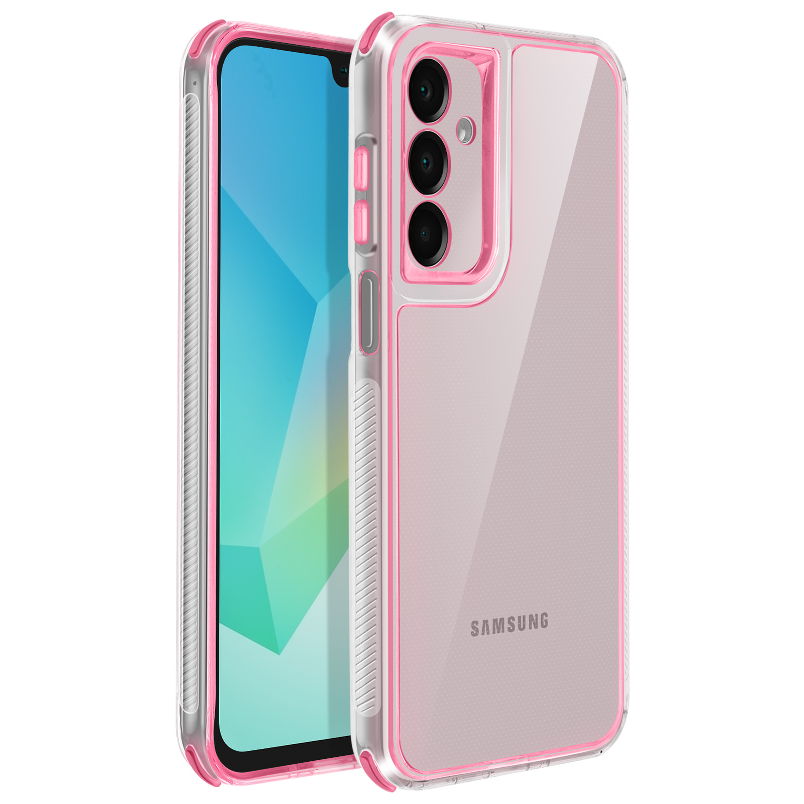 Una custodia trasparente con dettagli rosa protegge un telefono Samsung. Il telefono ha uno schermo trasparente. Lo sfondo è bianco.