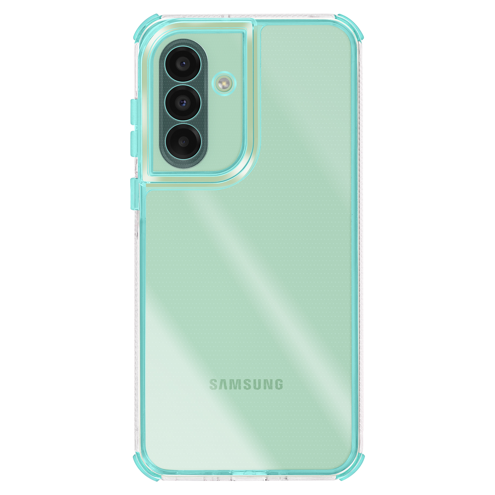 Une coque de téléphone bleu sarcelle avec un cadre transparent, couvrant un téléphone vert menthe. Trois lentilles de caméra visibles.