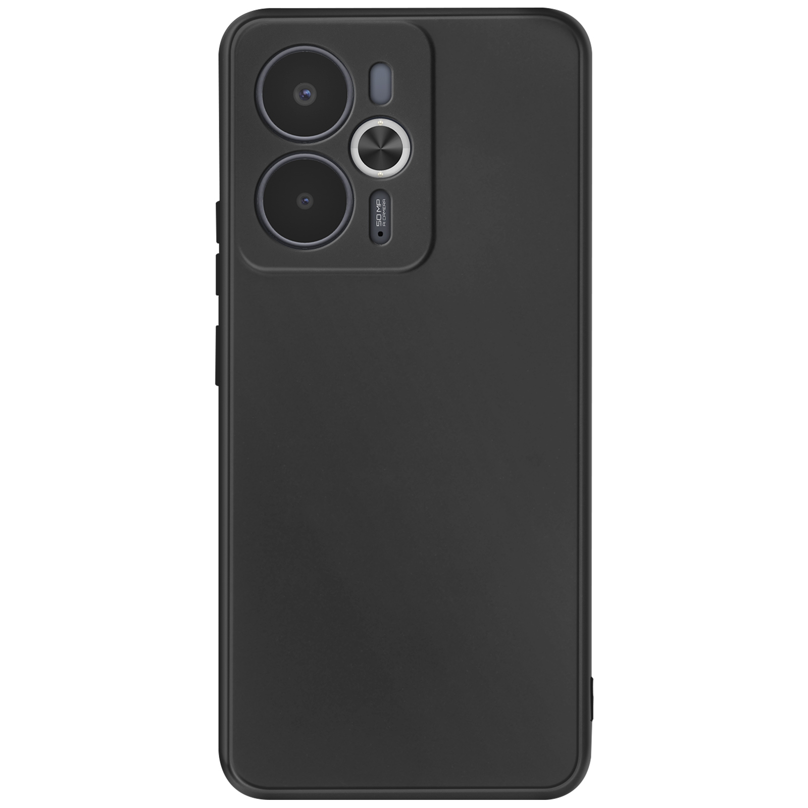 Custodia per telefono nera con ritagli per fotocamera. Dispone di tre obiettivi e una finitura opaca ed elegante. Pulsanti sul lato sinistro.