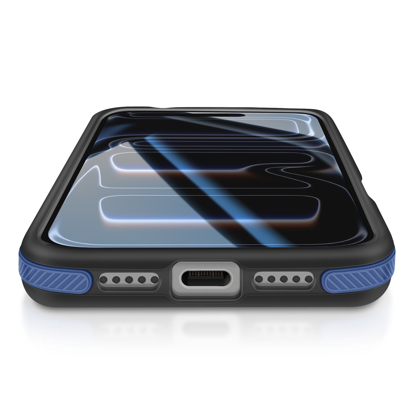 Un primo piano di un telefono in una custodia nera con un accento blu. Lo schermo ha un design ondulato. Lo sfondo è bianco.