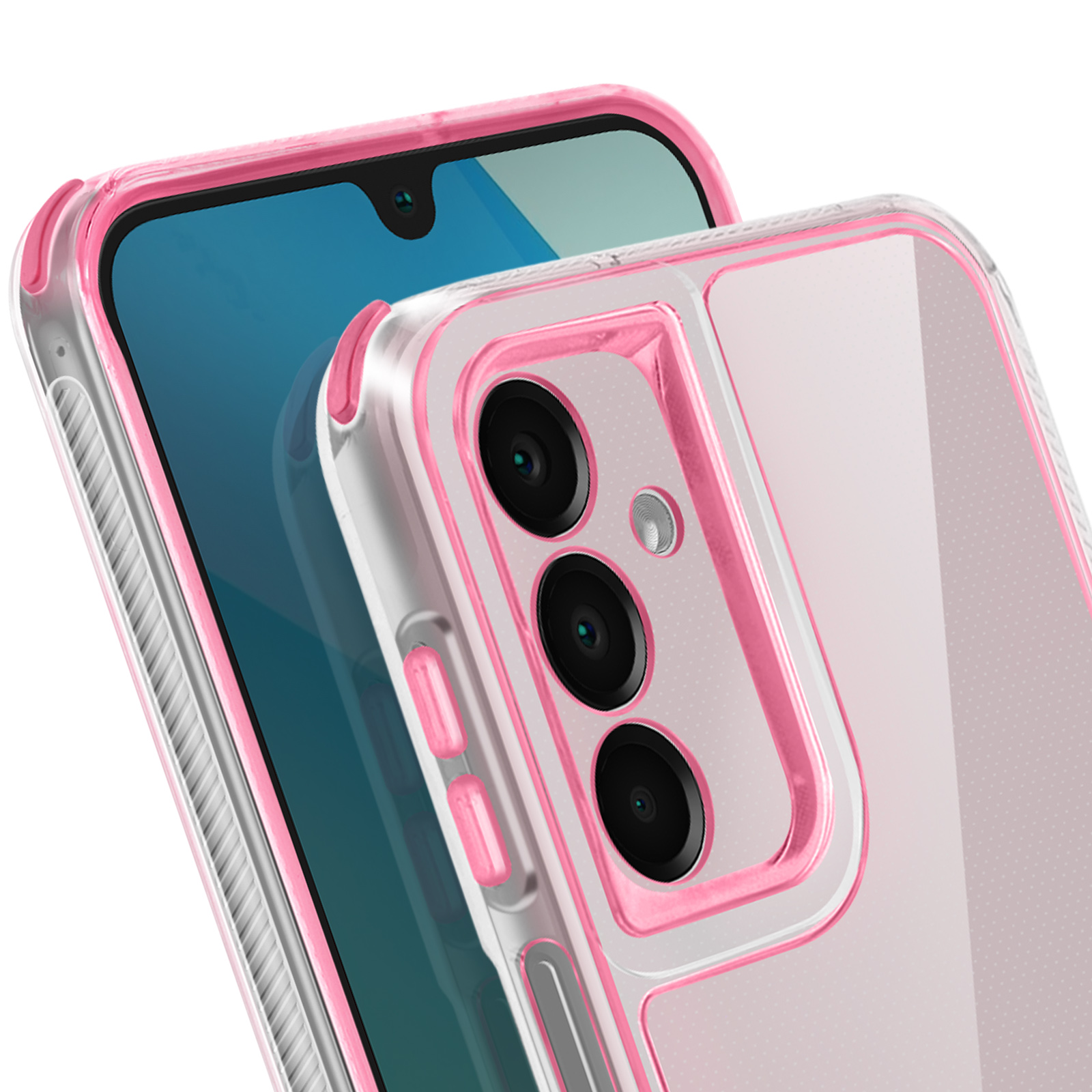 Primo piano di un telefono con una custodia rosa. La custodia ha un retro trasparente e una cornice rosa. Lo schermo è blu.
