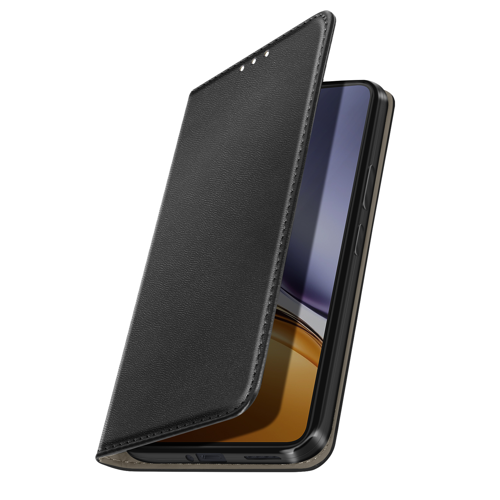 Custodia nera per telefono con coperchio aperto, che mostra lo schermo dello smartphone. Lo sfondo è bianco.