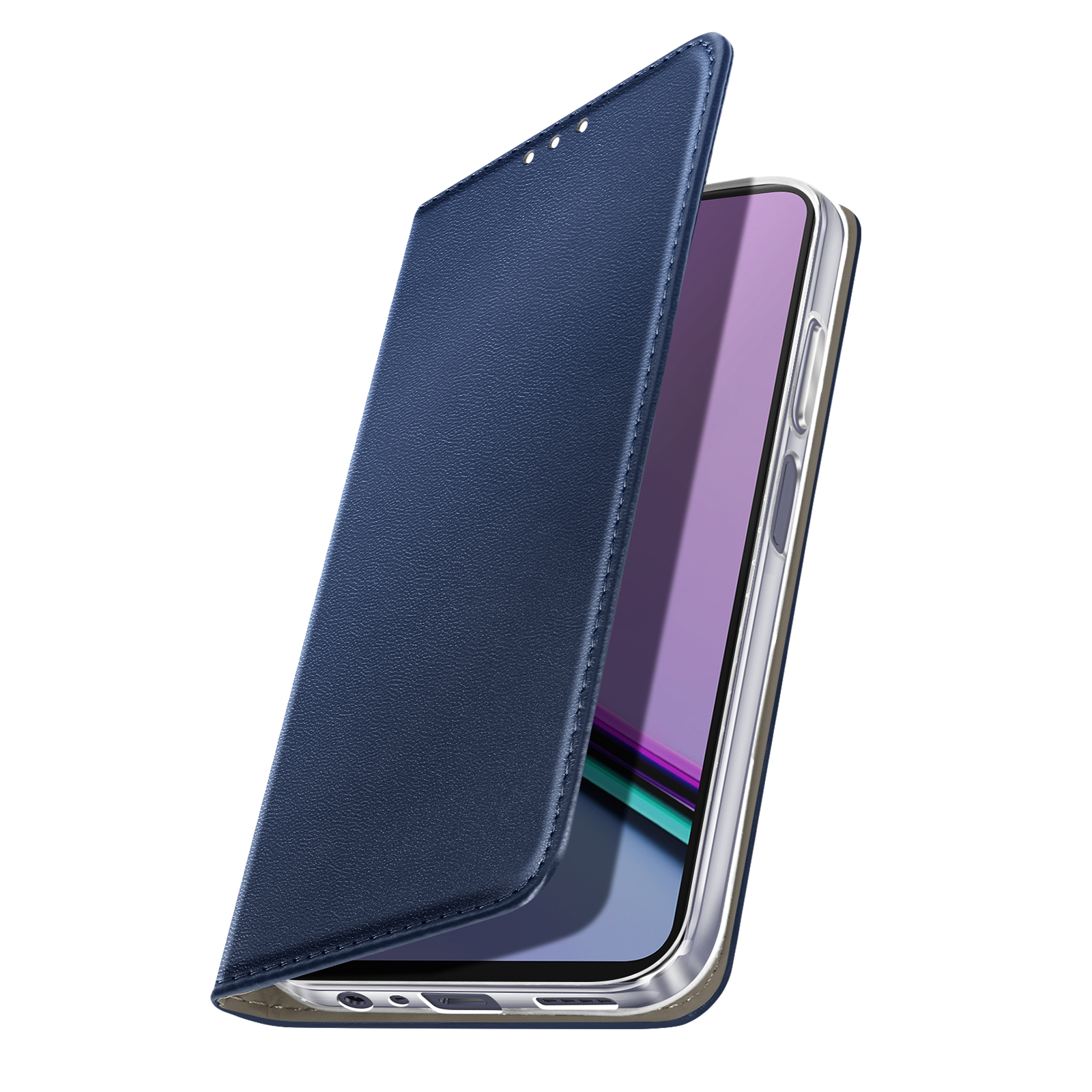 Una custodia per telefono in pelle blu è aperta, rivelando uno schermo del telefono. La custodia è su sfondo bianco.