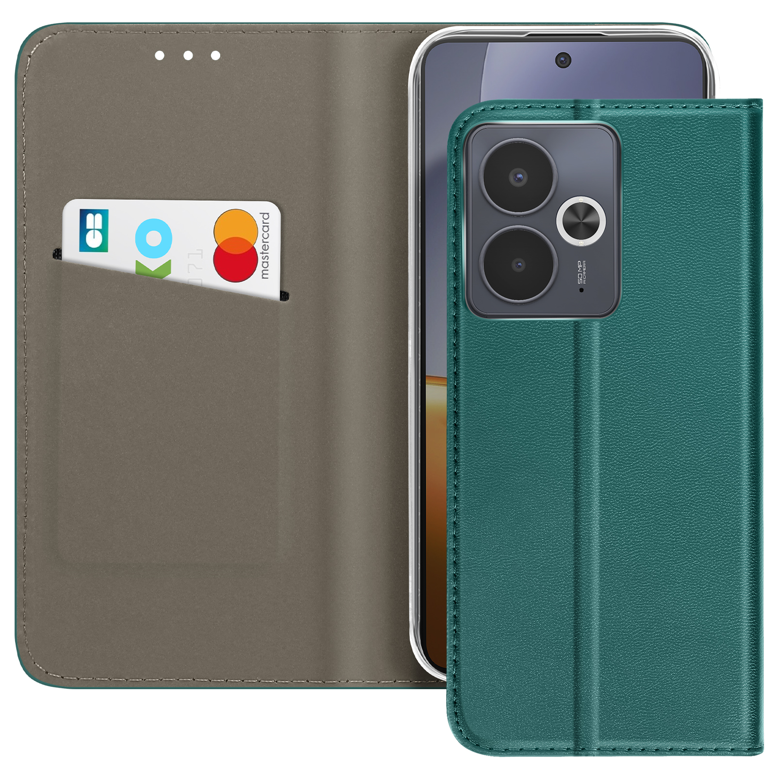 Una custodia per telefono verde acqua con una carta di credito in tasca. All'interno della custodia c'è uno smartphone.